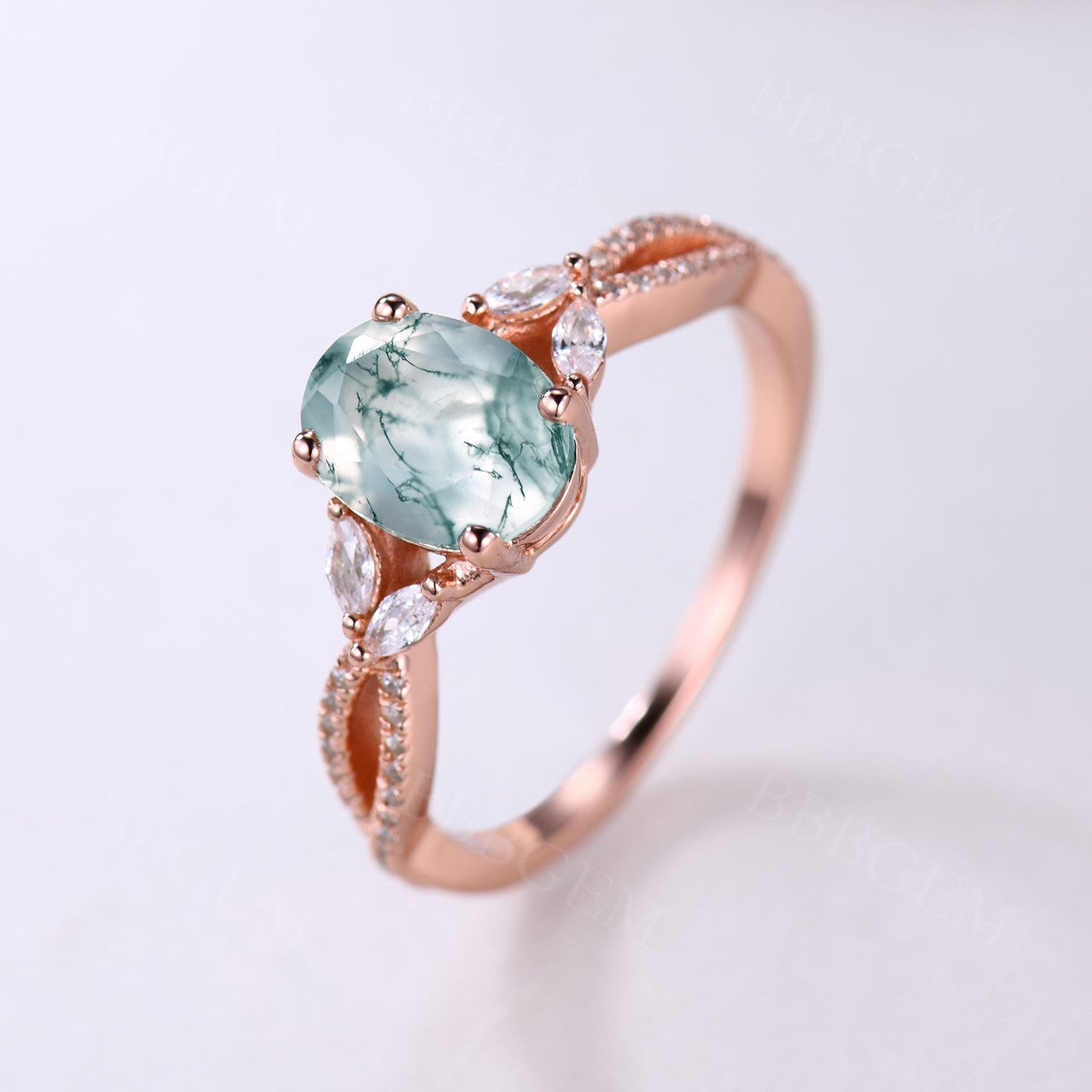 14K Pink Gold Oval Cut Moss Agate Engagement Ring with Marquise Moissanite Infinity Band - Elegant Wedding Ring for Women, Perfect for Proposals, Anniversaries & Special Occasions