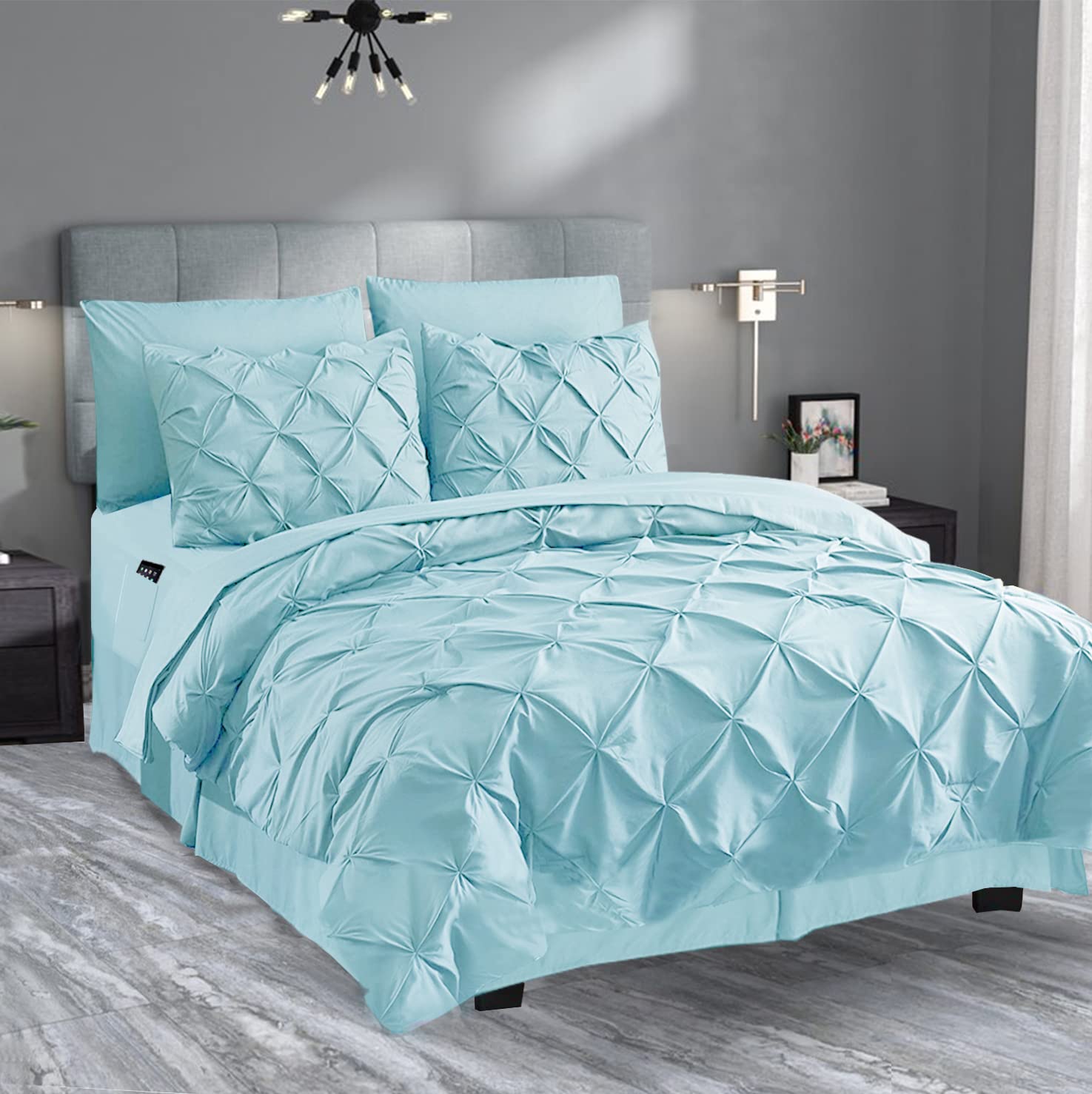 Valerian 8-Piece Pinch Pleated Comforter Set - Queen Size Bed in a Bag with Silky Soft Sheets & Storage Pockets | Aqua Blue Luxury Bedding for Master Bedroom, Guest Room & Dorm Decor