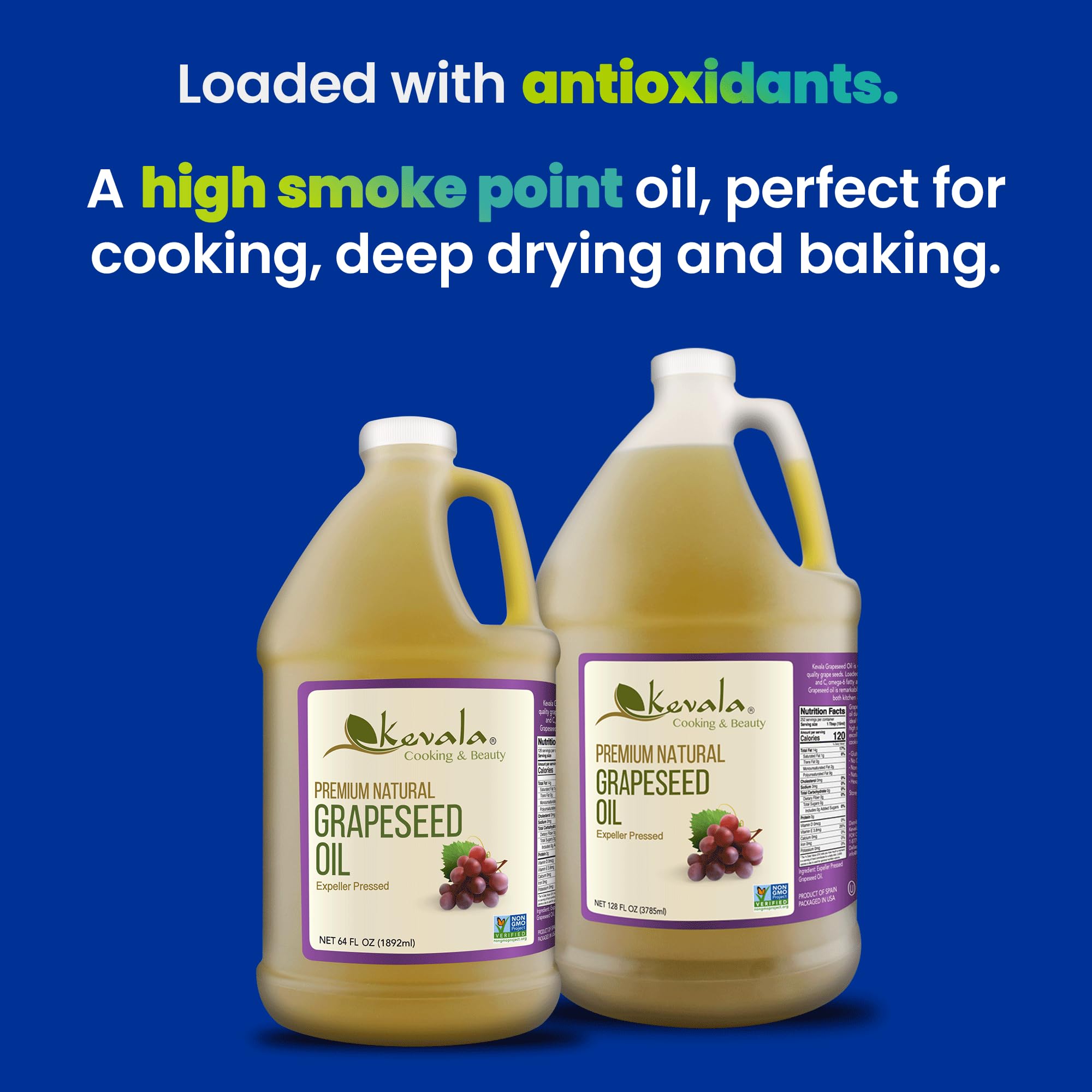 Kevala Grapeseed Oil - Pure Vitamin E Body & Massage Oil with Grape Seed Extract - Gluten Free Cooking Oil - 64 fl oz (1/2 Gallon) - Perfect for Skin Care, Hair Treatment & Healthy Cooking