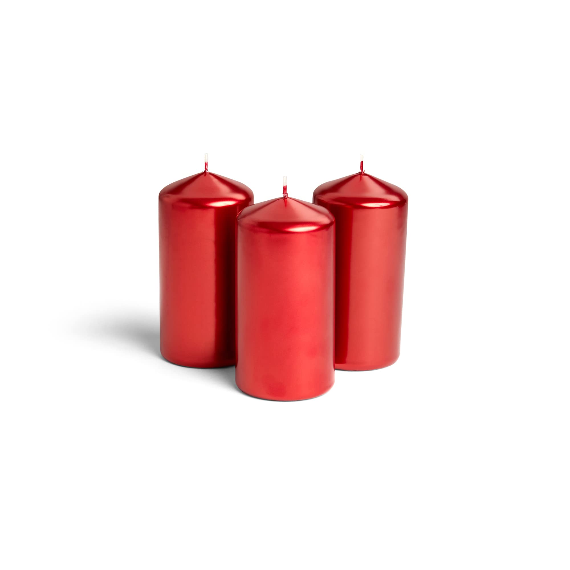 Bask Metallic Red Cone Top Pillar Candles - Set of 3 Dripless Unscented 3x6 Inch Holiday Candles for Home Decor, Wedding Centerpieces, Christmas Table Settings & Relaxation