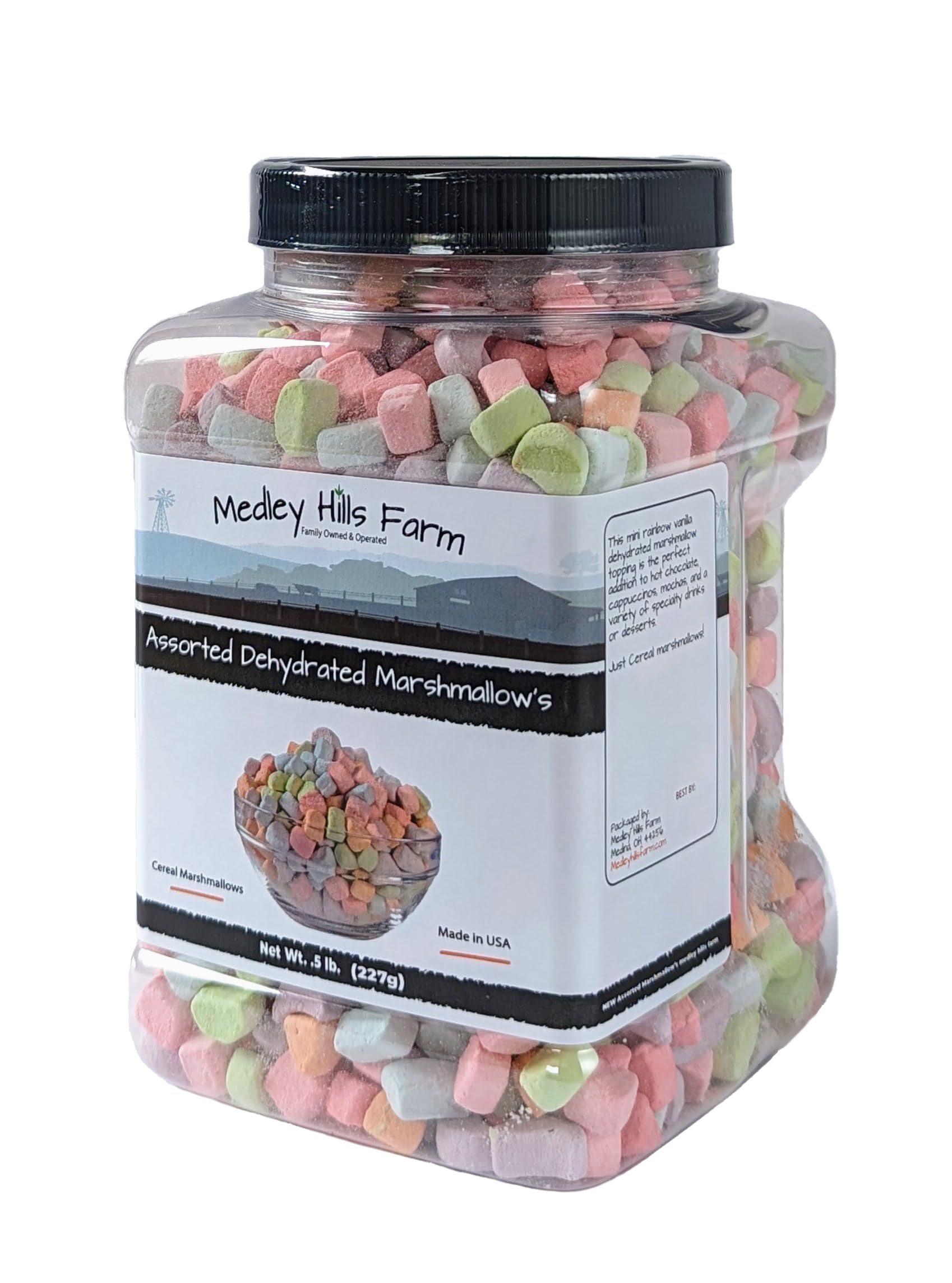 Medley Hills Farm Assorted Dehydrated Marshmallows in Reusable Container - Perfect for Cereal, Baking & Camping Snacks