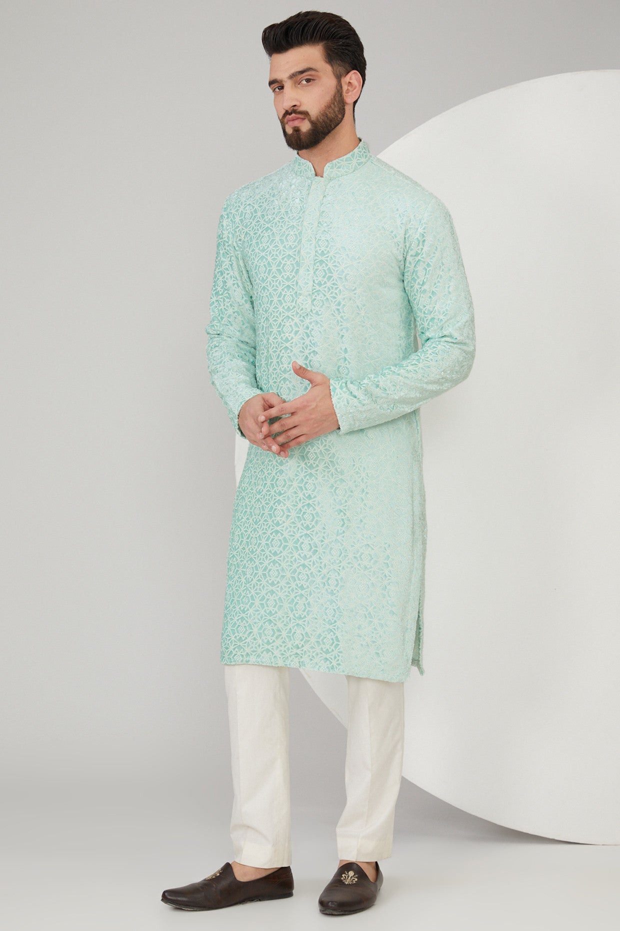 Elegant Ice Blue Velvet Embroidered Kurta for Women - Stylish Geometric Design Indian Tunic Top for Festivals, Parties & Casual Wear