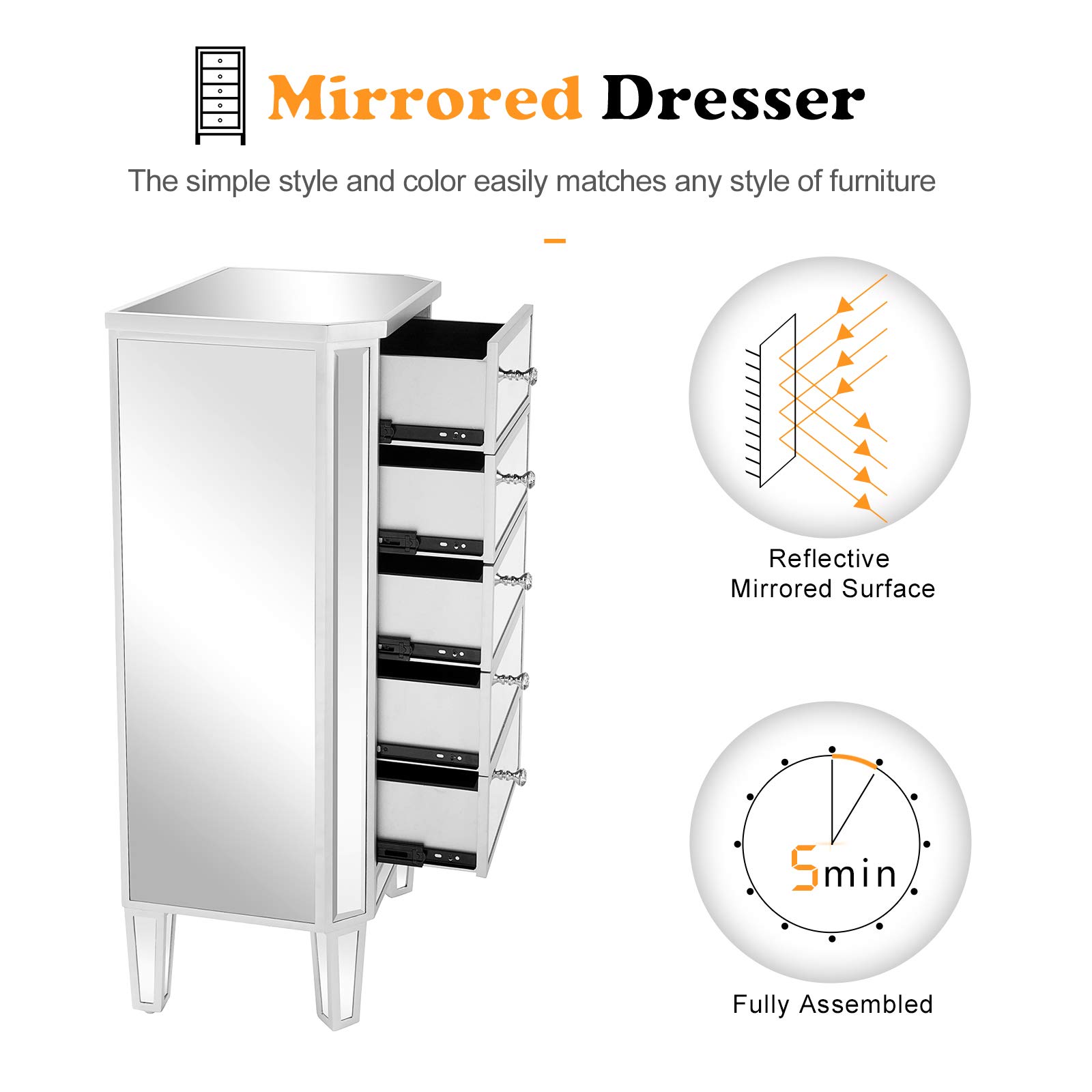 VINGLI 5-Drawer Mirrored Dresser - Modern Glass Chest of Drawers for Bedroom, Silver Finish | Perfect for Dressing Room, Living Room & Bedroom Storage