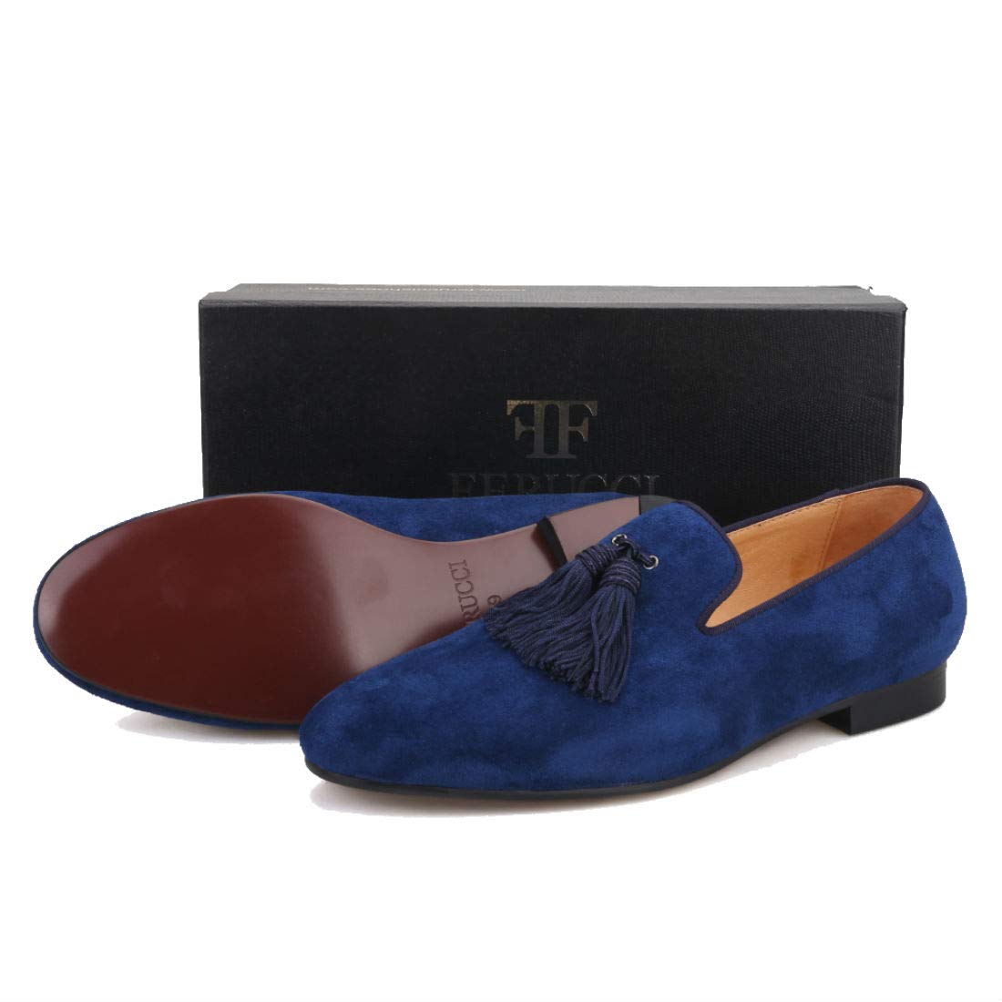 FERUCCI Men's Navy Suede Loafers with Tassel - Comfortable Slip-On House Shoes for Indoor/Outdoor Wear - Perfect for Home, Office & Casual Occasions