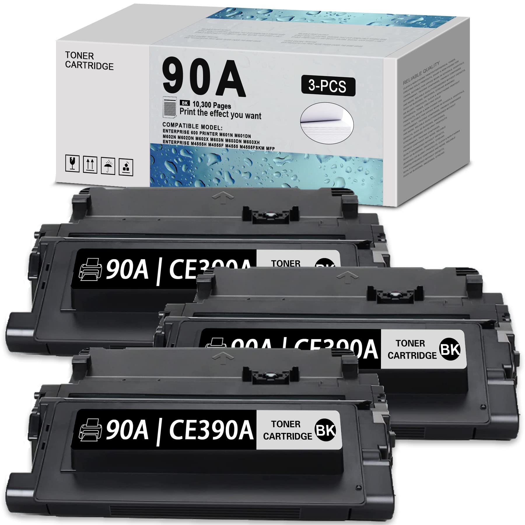 JZJBHGS 90A | CE390A Compatible Toner Cartridge (3-Pack, Black) for HP Enterprise 600, M601n/M601dn, M602n/M602dn/M602x, M603n/M603dn/M603xh, M4555h/M4555f/M4555/M4555fskm MFP Printers - High-Yield Replacement for Office & Business Printing Needs