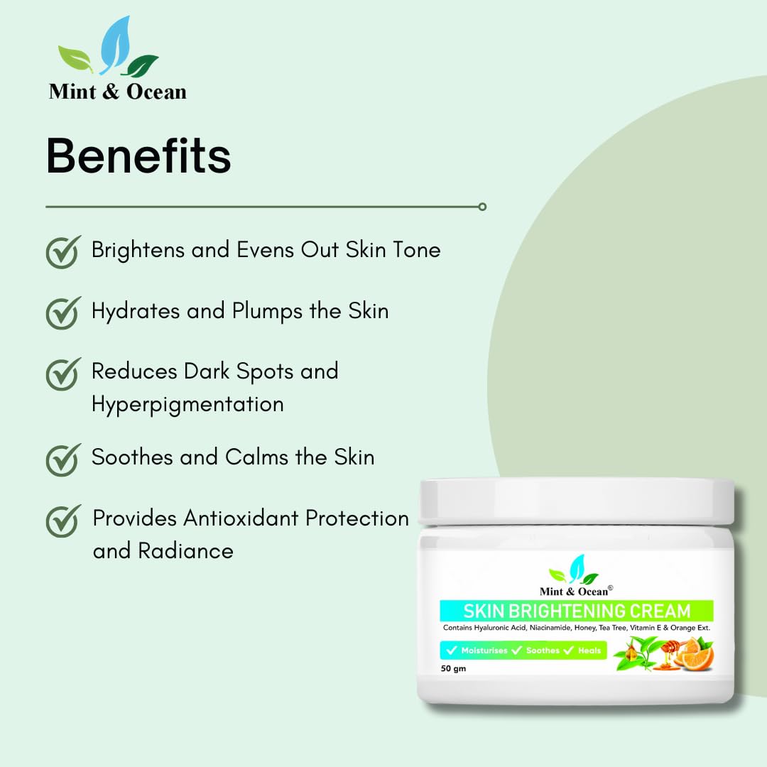 Mint and Ocean Skin Brightening Cream with Hyaluronic Acid, Tea Tree Extracts & Vitamin E - Brightens Dull Skin, Evens Skin Tone & Enhances Complexion - 50g | Perfect for Daily Skincare Routine & Nighttime Hydration