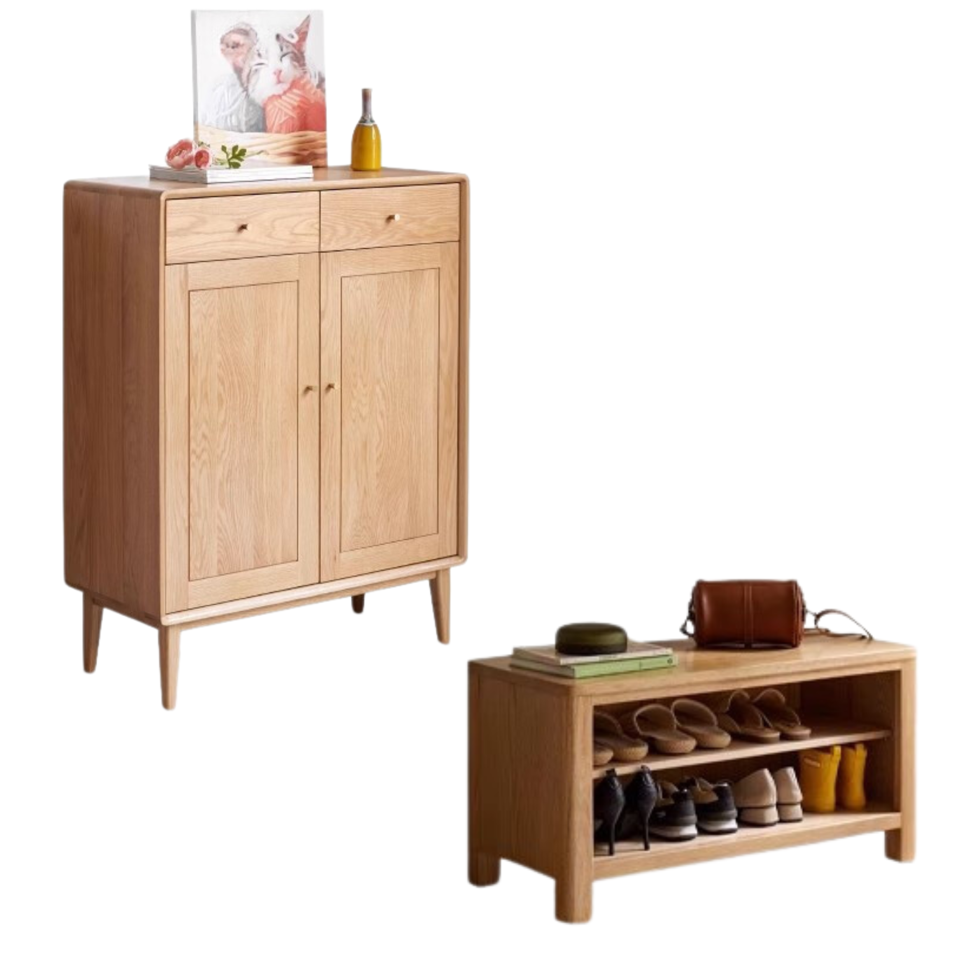 32.3x14.6x41.3inch/ 82x37x105сm/ Natural Wood Color/  Prague two-door shoe cabinet + shoe-changing stool