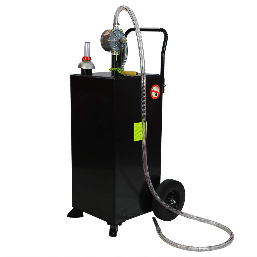 30 Gallon Portable Gas Fuel Tank with Wheels & Transfer Pump - Heavy Duty Black Gasoline Container for Cars, Trucks, ATVs - Ideal for Emergency Fuel Storage & Off-Road Adventures