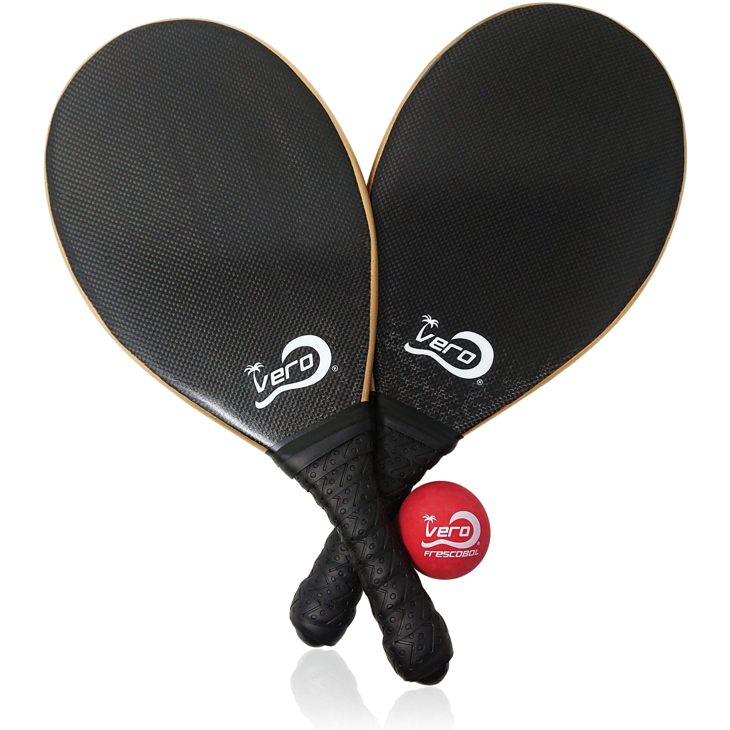 Premium Carbon Fiber Beach Paddleball Set - 2 Fescobol Paddles with High-Visibility Red Ball & Drawstring Carry Bag for Outdoor Sports, Beach Games & Family Fun