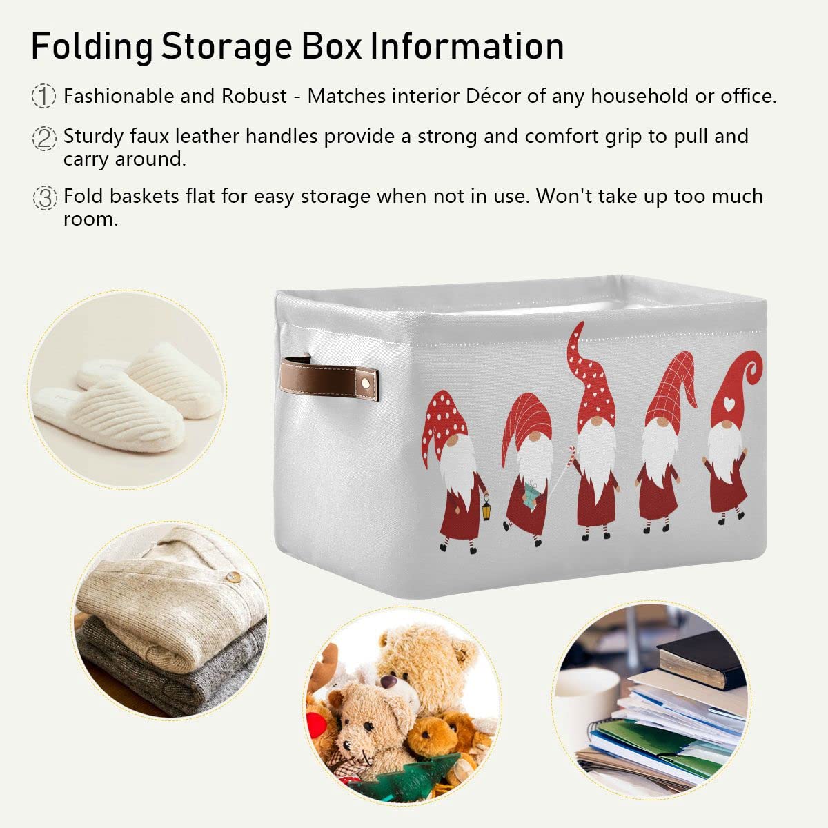 Christmas Valentine's Gnomes Rectangular Storage Bin Basket with Handles - Toy Storage Organizer for Kids, Pets, Laundry & Closet Organization - Perfect for Holiday Decor, Playroom & Bedroom Storage