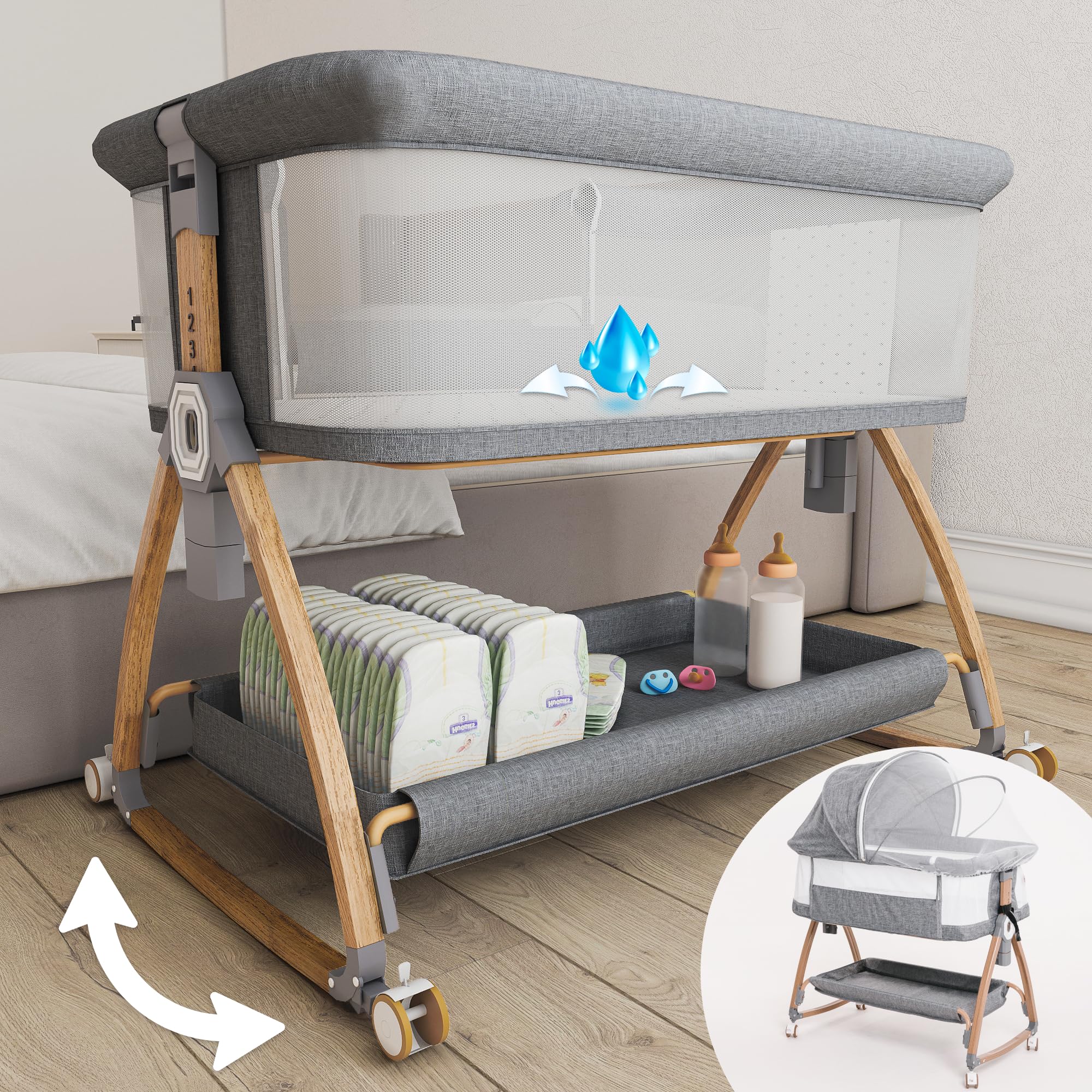 **Portable Baby Rocking Bassinet Bedside Sleeper - Adjustable Height Mesh Crib for Safe Co-Sleeping, Storage Basket & Wheels, Includes Travel Bag & Mosquito Net (Wood Grain, Grey) – Perfect for Nursery, Travel & Bedside Sleeping**