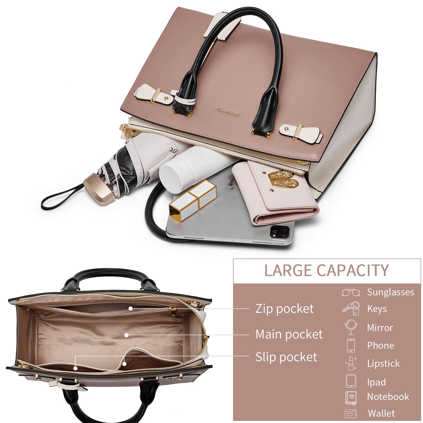 BOSTANTEN Women's Genuine Leather Handbag - Designer Satchel Purse with Top Handle, Shoulder Strap & Crossbody Strap - Elegant Tote for Work, Travel & Everyday Use