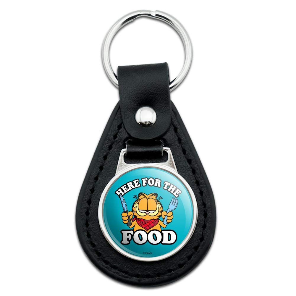 Black Leather Garfield 'Here for the Food' Keychain - Cute Cartoon Cat Key Ring for Fans, Gifts & Bag Accessories | Perfect for Keys, Backpacks, Purses & Gifts