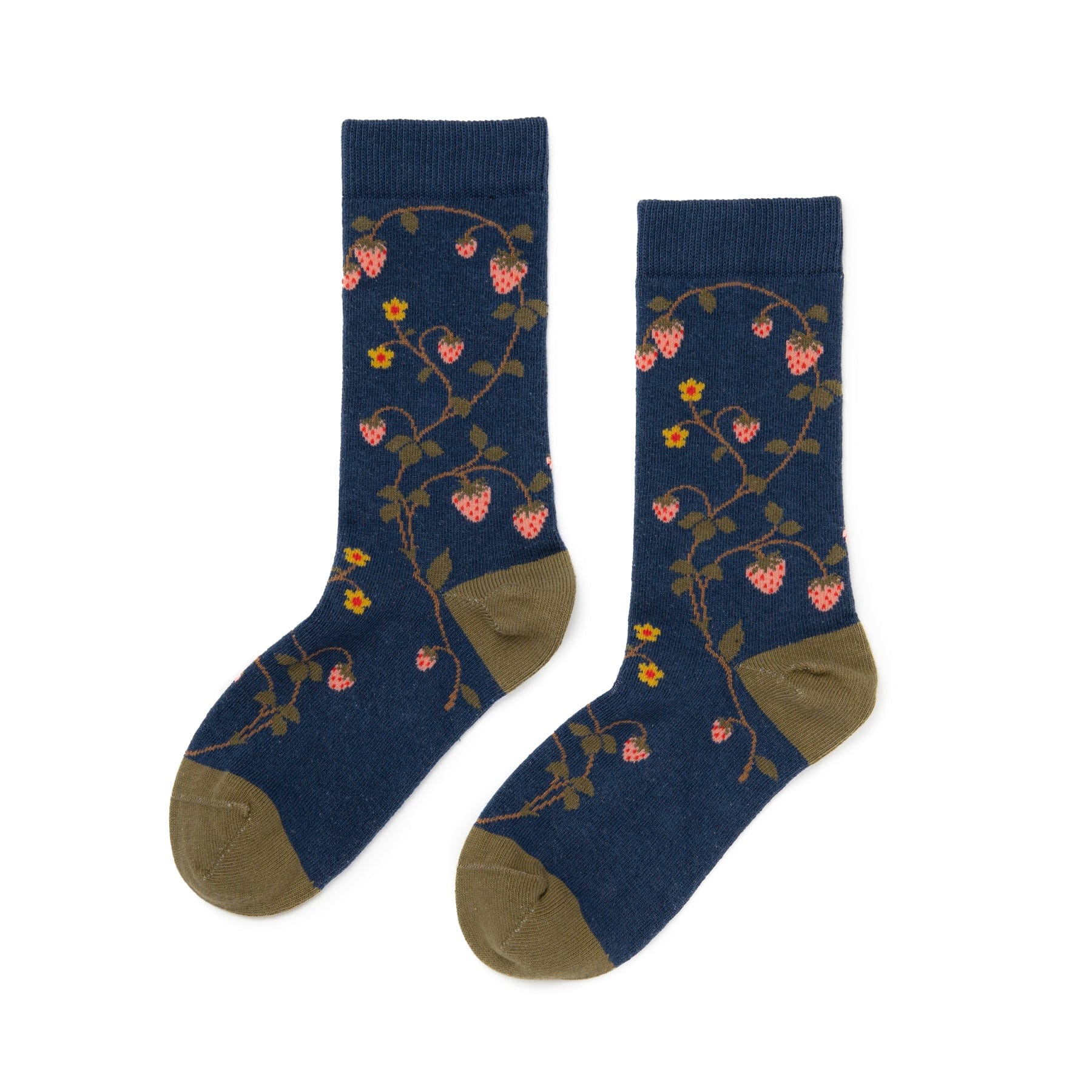 Organic Cotton Crew Socks with Wild Strawberries Print - Navy Blue - Comfortable & Breathable for Men & Women - Perfect for Casual Wear, Gym, and Outdoor Activities