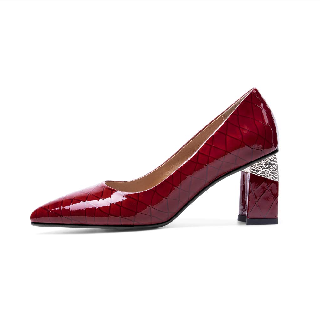 TinaCus Women's Glossy Patent Leather Pointed Toe Pumps - Chunky Mid Heel Slip On Dress Shoes with Elegant Pattern for Office, Party & Special Occasions