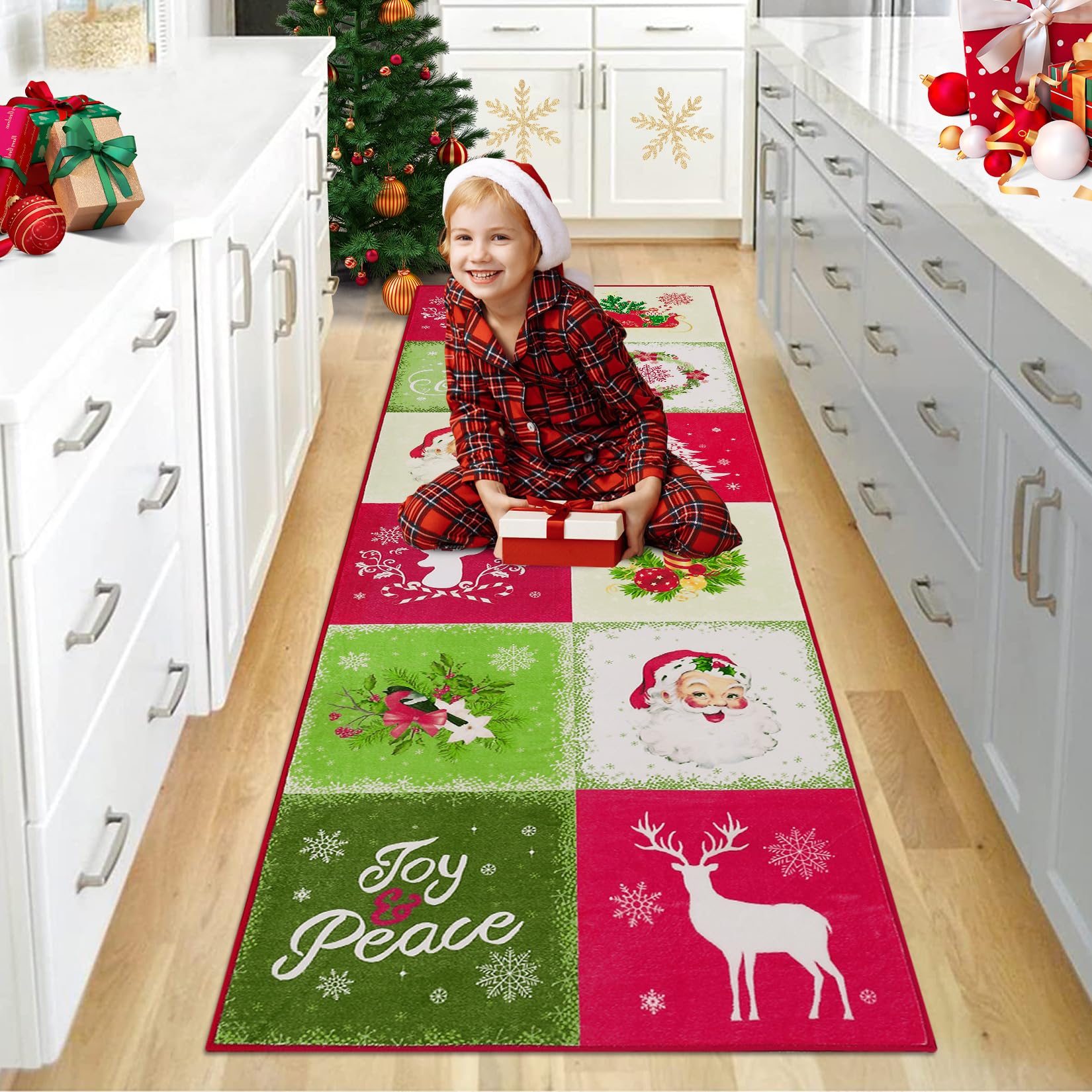GARVEE 2x10 Washable Non-Slip Runner Rug - Christmas Snowflake Design in Red/Green/Cream - Perfect for Entryway, Kitchen, Bathroom, Hallway & Laundry Room - Holiday Home Decor & Floor Mat (2'x10')