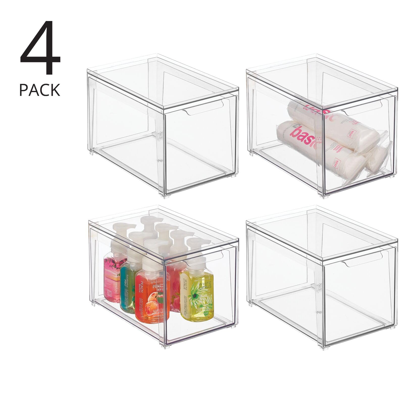 mDesign Plastic Stackable Bathroom Storage Organizer with Pull-Out Bin Drawer - 4 Pack Clear - Lumiere Collection for Cabinet, Vanity, Shelf & Closet Organization | Perfect for Small Spaces & Bathroom Decluttering