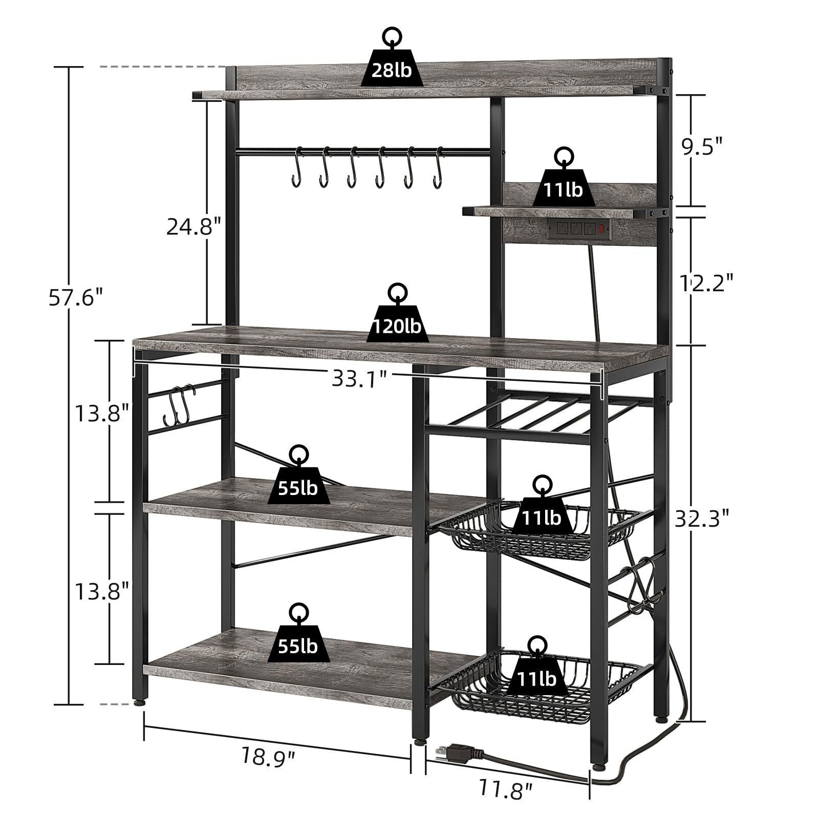 Mexin 6-Tier Large Bakers Rack with Power Outlets - Microwave Stand with Storage, Coffee Bar Station with 10 S-Shaped Hooks & Wire Basket - Grey Oak - Perfect for Kitchen Organization, Pantry Storage & Coffee Station Setup