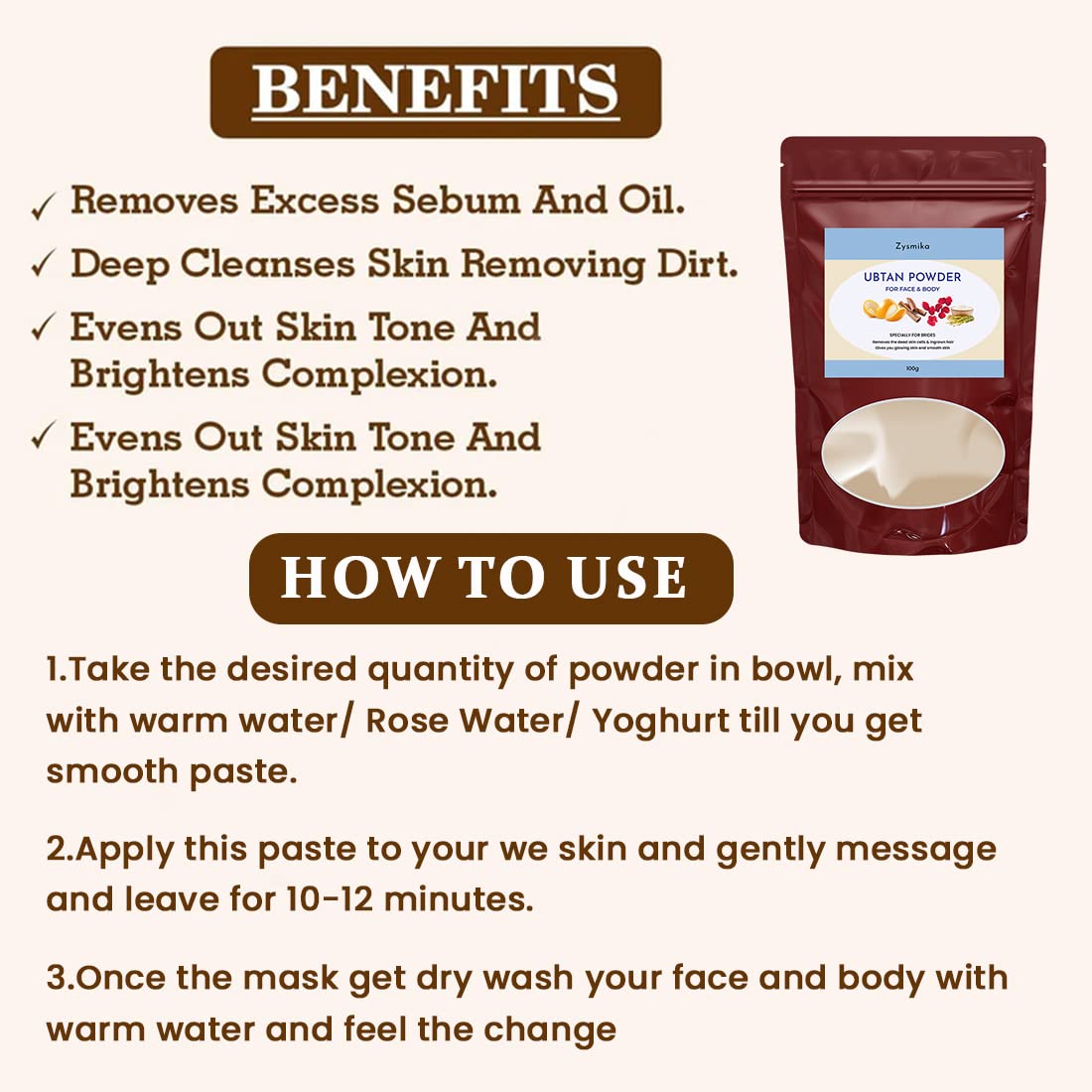 Zysmika Ubtan Powder for Face & Body - 100g (Pack of 2) | Natural Skin Whitening & Glowing Treatment | Homemade Facial Hair Removal | Perfect for Daily Skincare & Bridal Prep