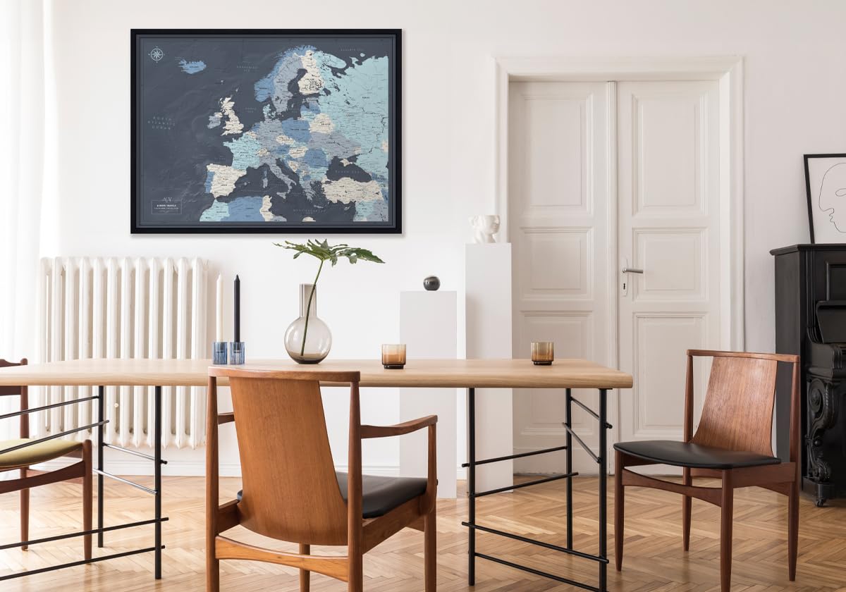 Personalized Framed Travel Map of Europe with Push Pins - Customizable Detailed Wall Map for Home & Office Decor - Perfect for Travel Memories, Gifts & Adventure Planning
