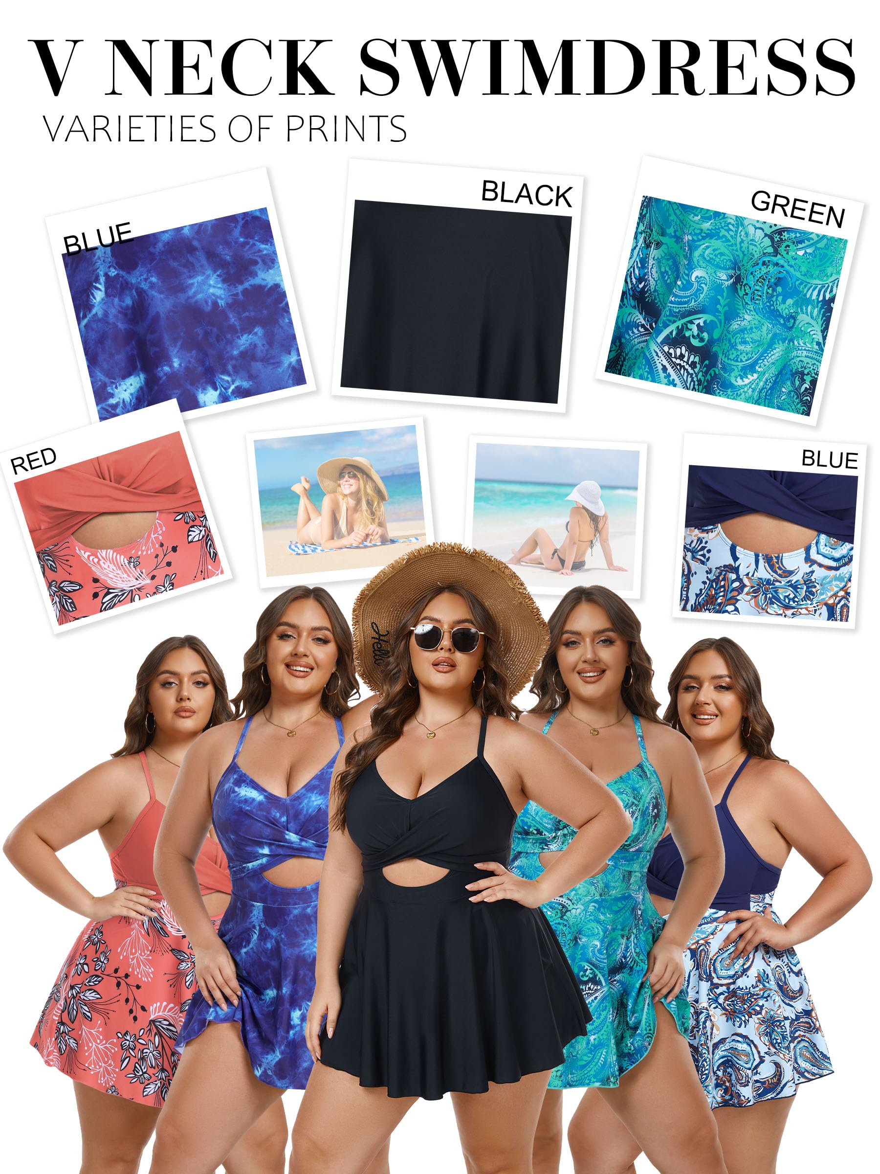 AOVDE Plus Size Women's Swimsuits 2-Piece Tankini Swim Dress with Shorts - Flowy Bathing Suit for Beach, Pool & Vacation