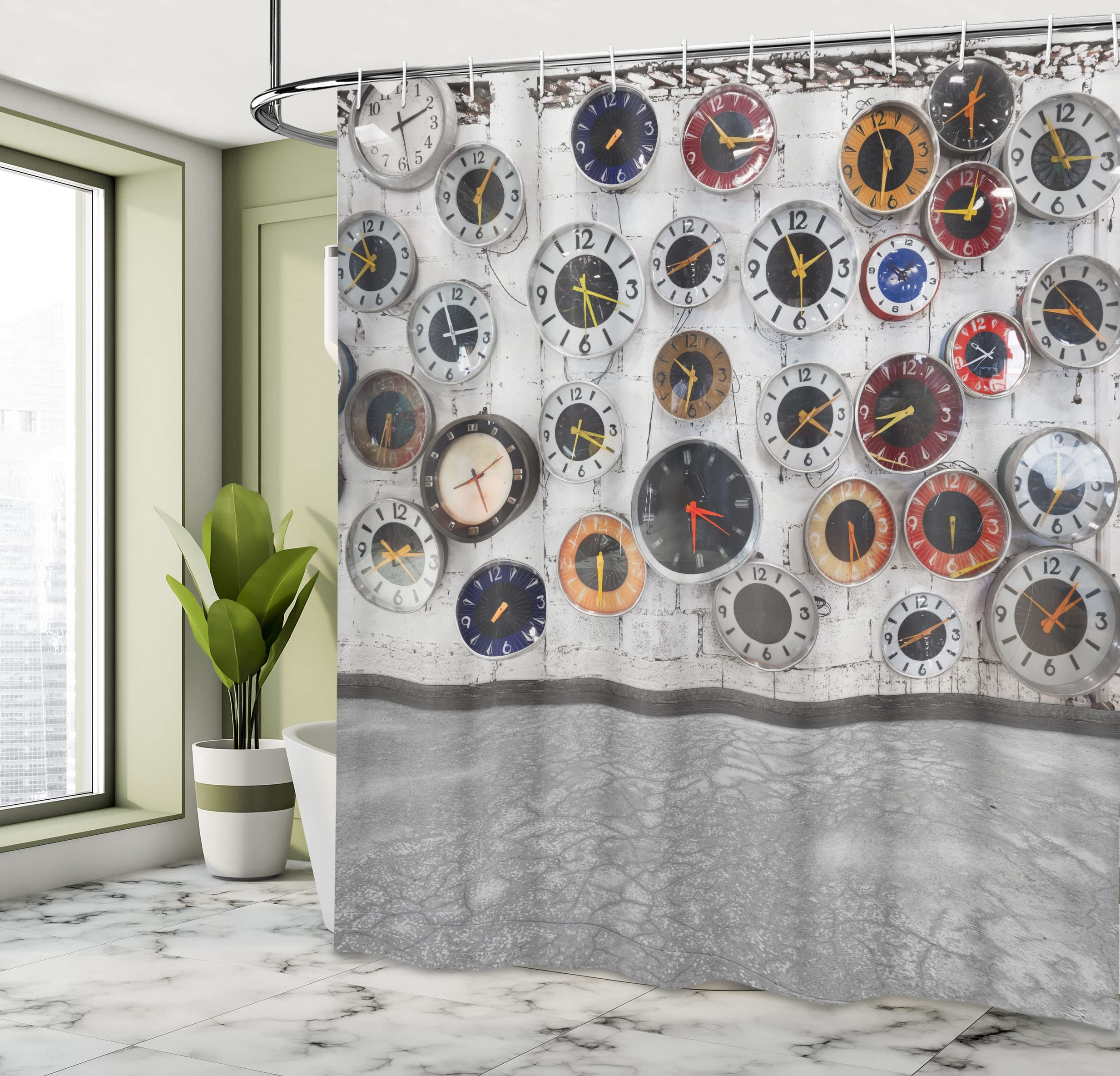 Modernistic Clock Shower Curtain - Vivid Circular Watches Design for Bathroom Decor - 105