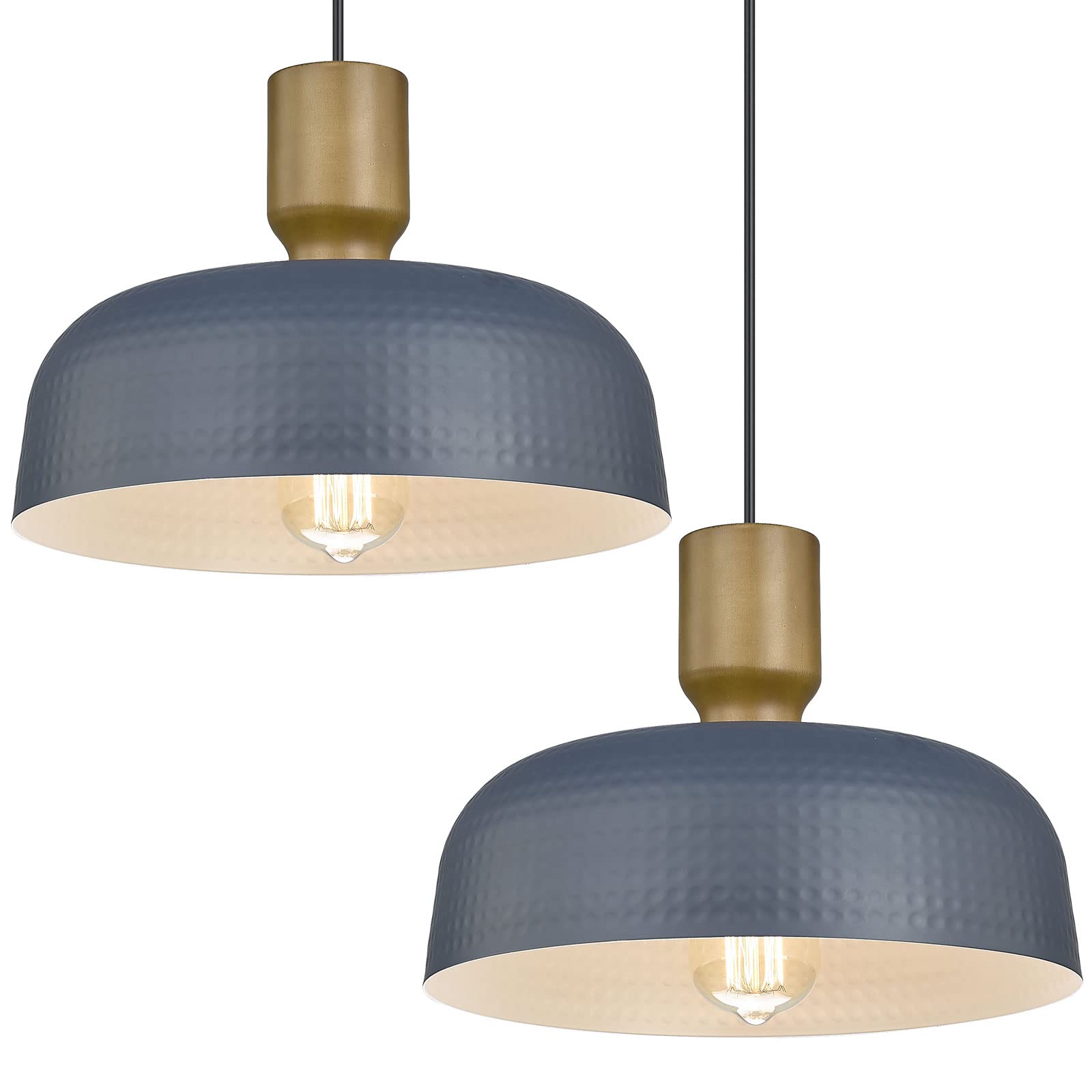 Farmhouse Pendant Lights Set of 2 - Adjustable Hanging Light Fixtures with Hammered Metal Shade, 12.4 Inch Industrial Kitchen Island Lighting in Vintage Blue - Perfect for Dining Room, Bar Counter, and Farmhouse Decor