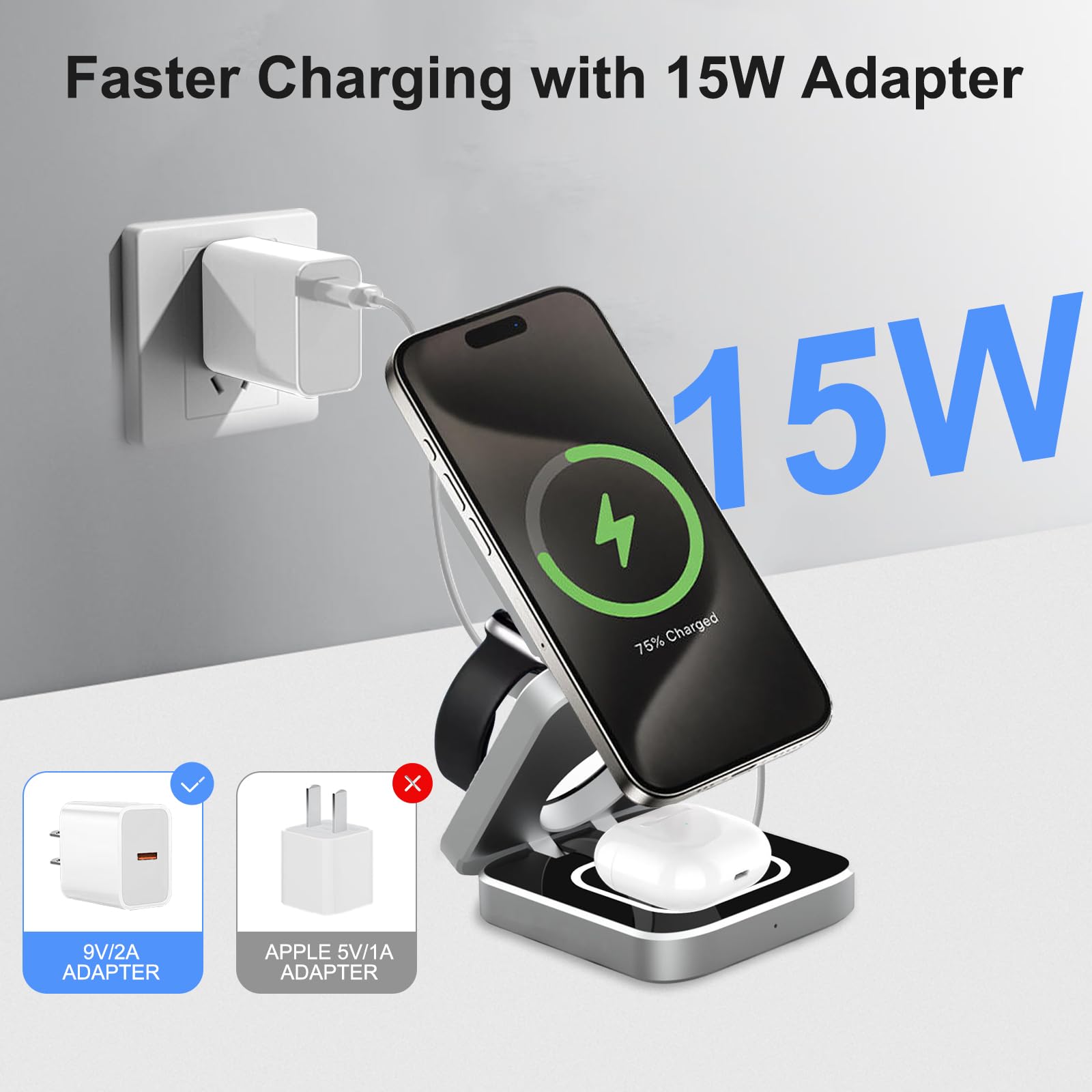 3-in-1 Foldable Wireless Charging Station for iPhone 16/15/14/13/12 Pro/Max/Plus, Apple Watch 10-1/SE/Ultra 2 & AirPods 4/3/2/Pro - Fast Travel Charger for Home, Office & Car
