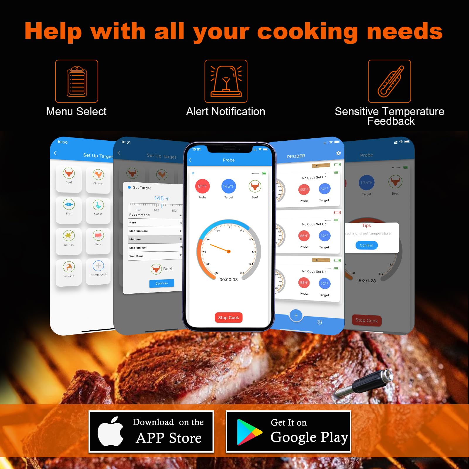 Smart Bluetooth Wireless Meat Thermometer for Grilling, Smoking & BBQ - 500FT Range Digital Cooking Thermometer with APP Control for Oven, Smoker, Stove, Rotisserie & Sous Vide | Perfect for Outdoor Cooking, Backyard Parties & Professional Chefs