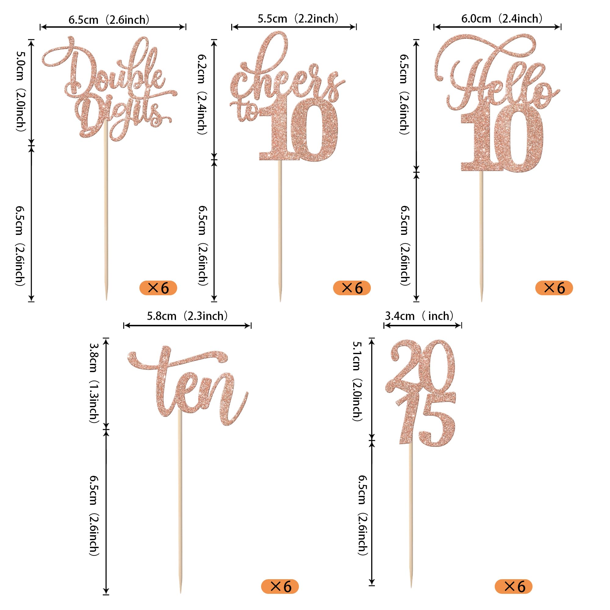 Rsstarxi 30 Pack 10th Birthday Cupcake Toppers - Glitter Double Digits Since 2015, Hello 10, Ten Cheers to 10 Years - Rose Gold Cake Decorations for Birthday Parties, Anniversary Celebrations & Special Events