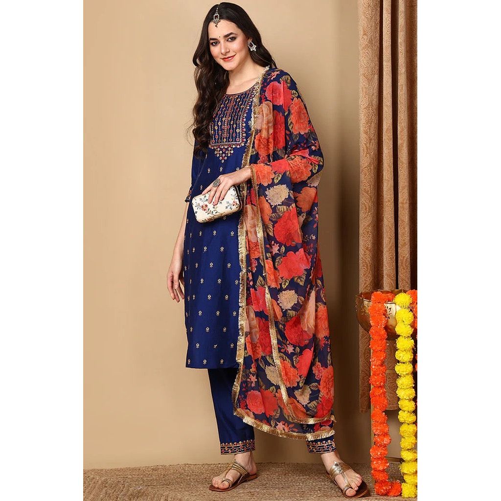 Elegant Navy Blue Silk Blend Kurta Set for Diwali & Festive Wear | Traditional Indian Ethnic Outfit for Women | Perfect for Weddings, Parties & Cultural Celebrations