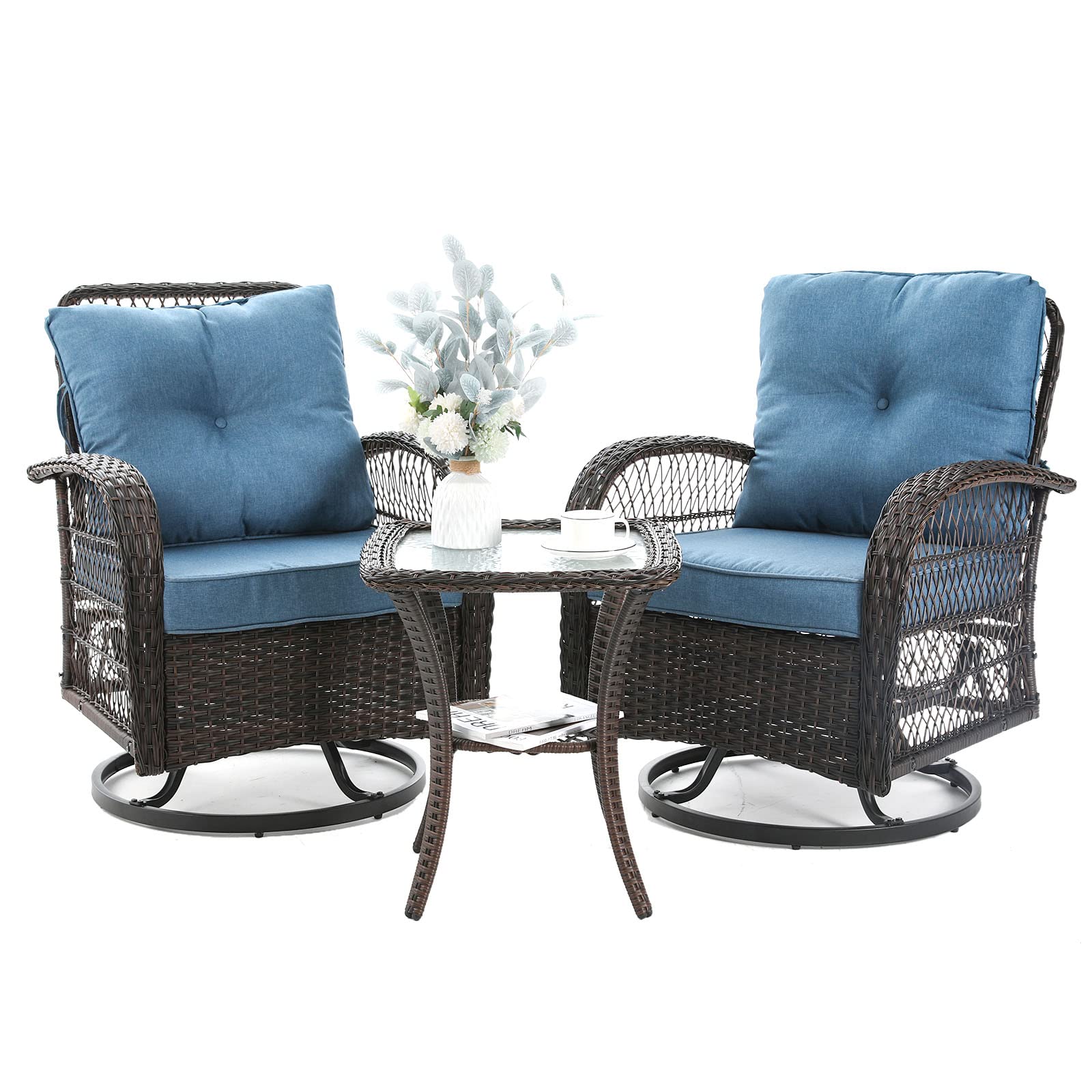 3-Piece Outdoor Patio Furniture Set - Wicker Swivel Glider Rocker with Thickened Cushions & Side Table - Blue Bistro Set for Porch, Garden, Deck or Backyard Relaxation