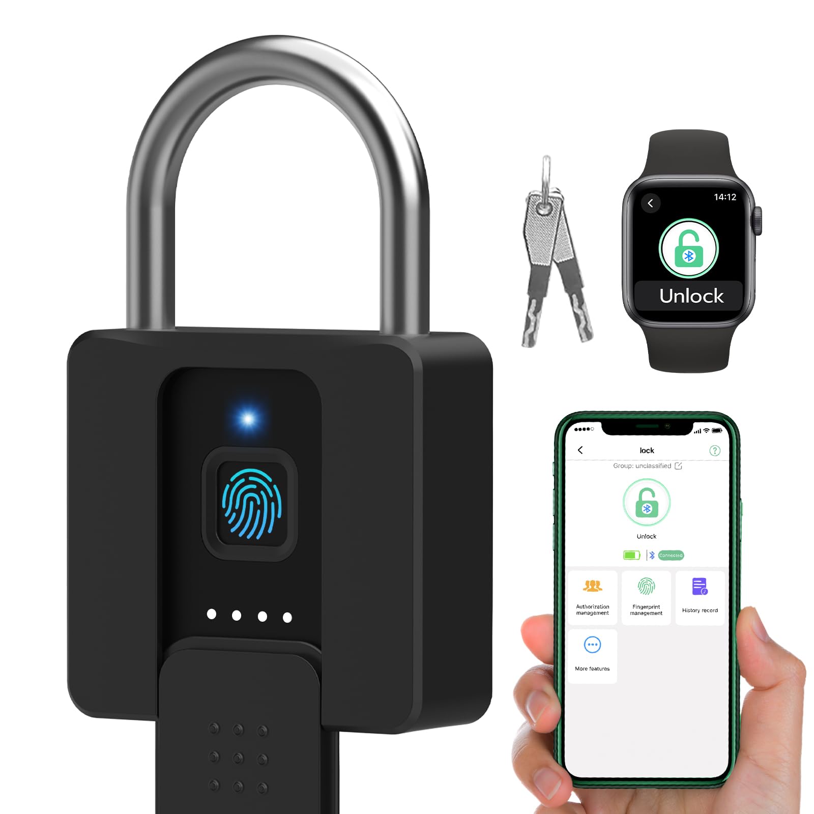 Dhiedas Fingerprint Padlock - Bluetooth Smart Lock with Waterproof & Heavy Duty Design - Secure Outdoor Fence, Gate, Shed, Warehouse, Gym, Storage Yard - Ideal for Home Security & Commercial Use