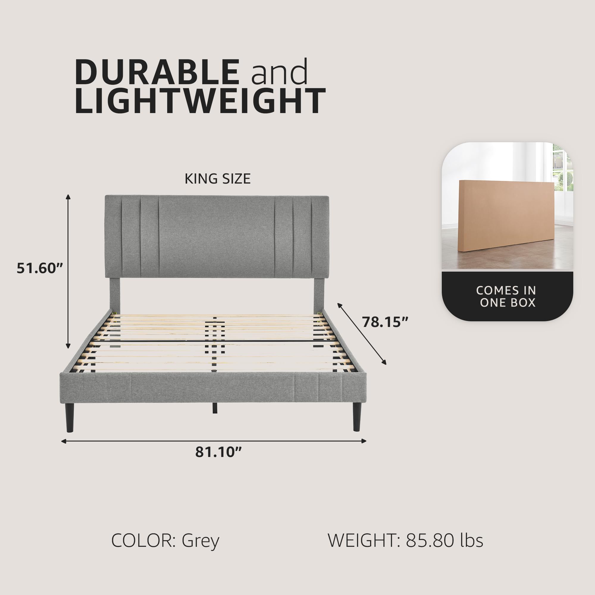 Modern Tufted Upholstered King Size Bed Frame with Platform - Grey Fabric Headboard for Master Bedroom | Chicago Inspired Luxury Bedroom Furniture for Home Decor