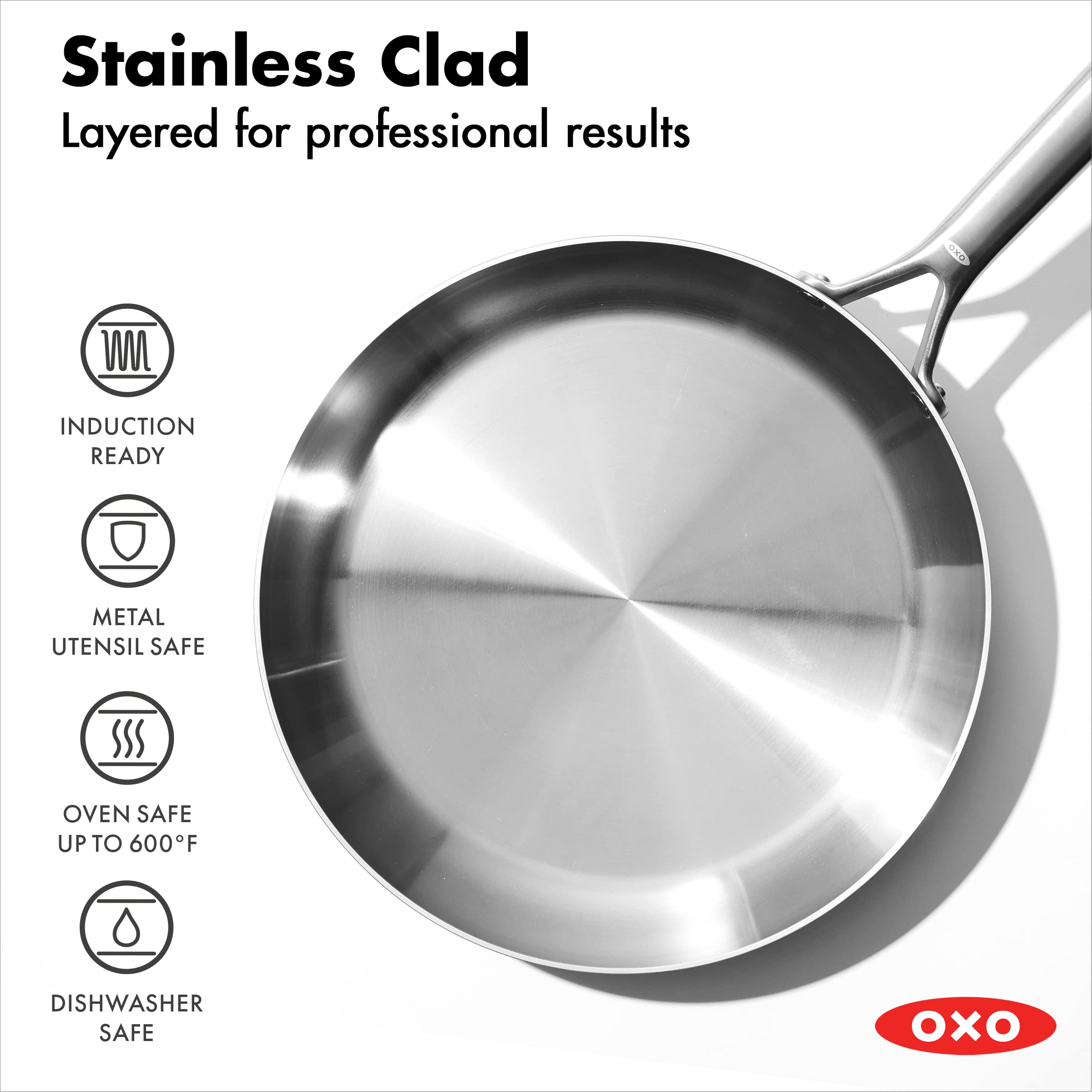 OXO Mira Tri-Ply Stainless Steel 12-Inch Frying Pan Skillet - Induction Compatible, Multi-Clad Construction, Dishwasher & Metal Utensil Safe - Perfect for Searing, Sauteing & Everyday Cooking