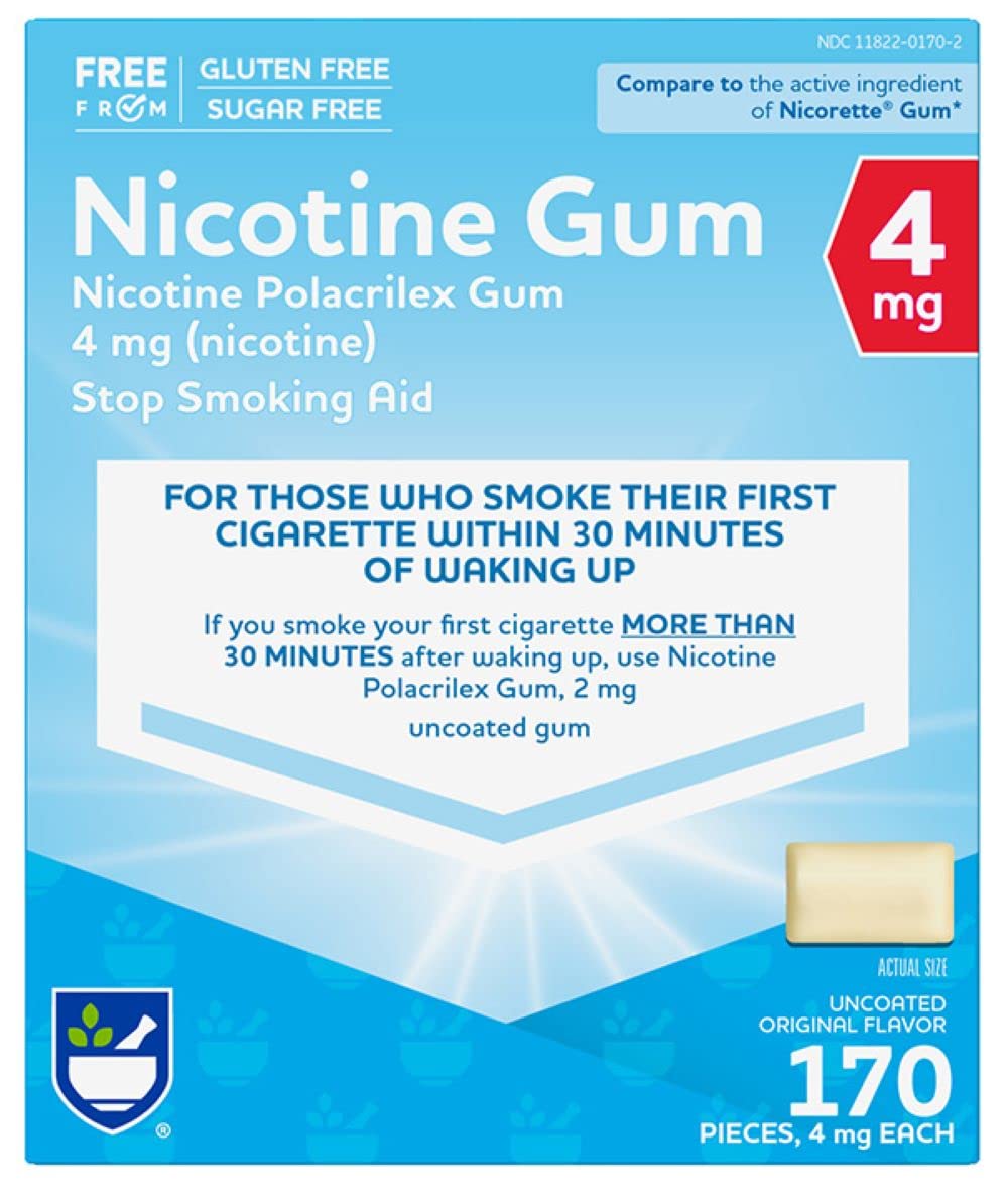 Rite Aid Nicotine Gum, Original Flavor, 4mg - 170 Count | Stop Smoking Aid & Nicotine Replacement Therapy | Helps Reduce Cravings & Withdrawal Symptoms | Sugar-Free Chewing Gum for Smoking Cessation | Perfect for Home, Office & Travel Use
