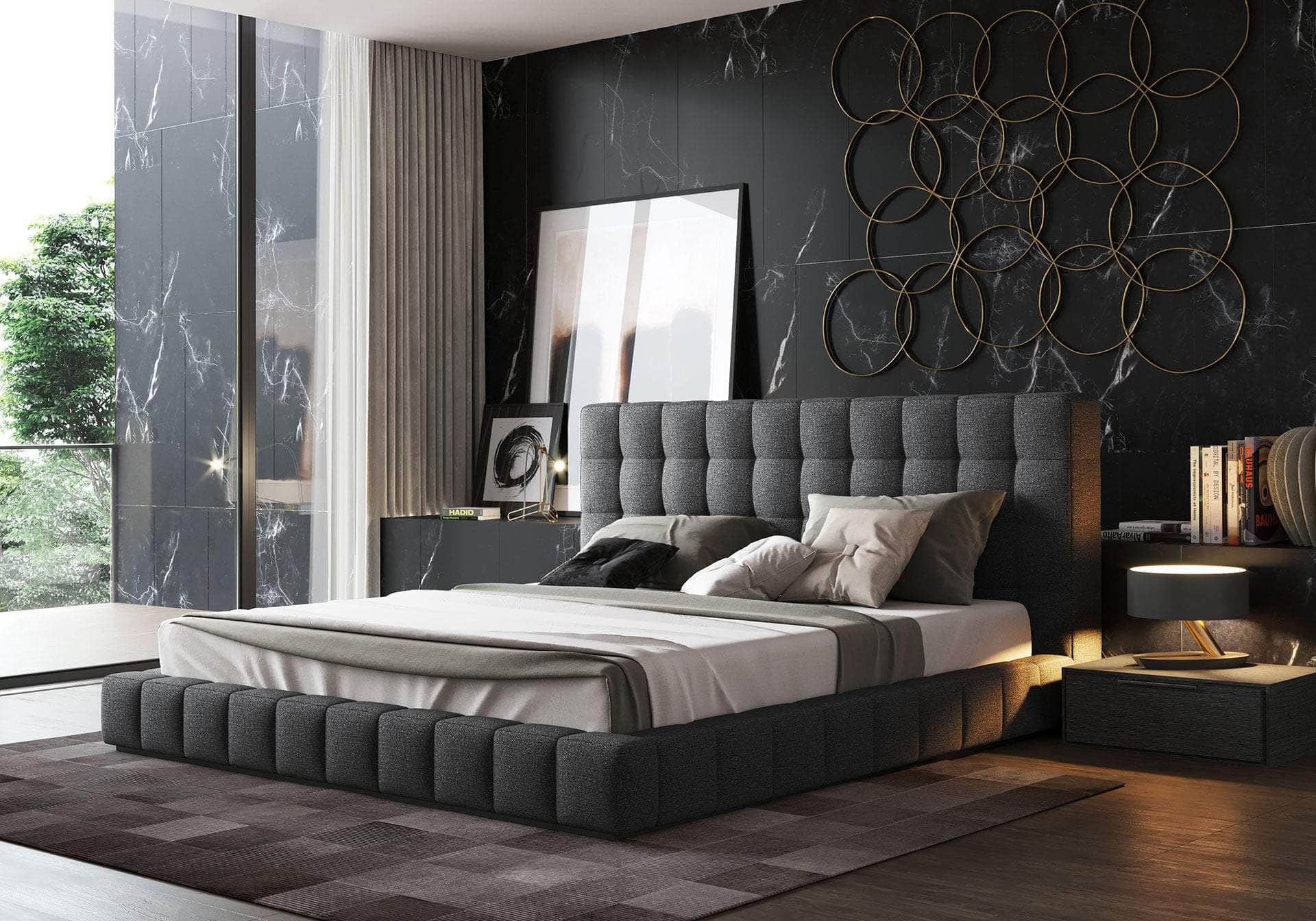 Thompson Square Tufted Fabric Platform Bed - Queen & King Size, Gray & Navy Blue - Modern Upholstered Bed Frame for Master Bedroom & Guest Room