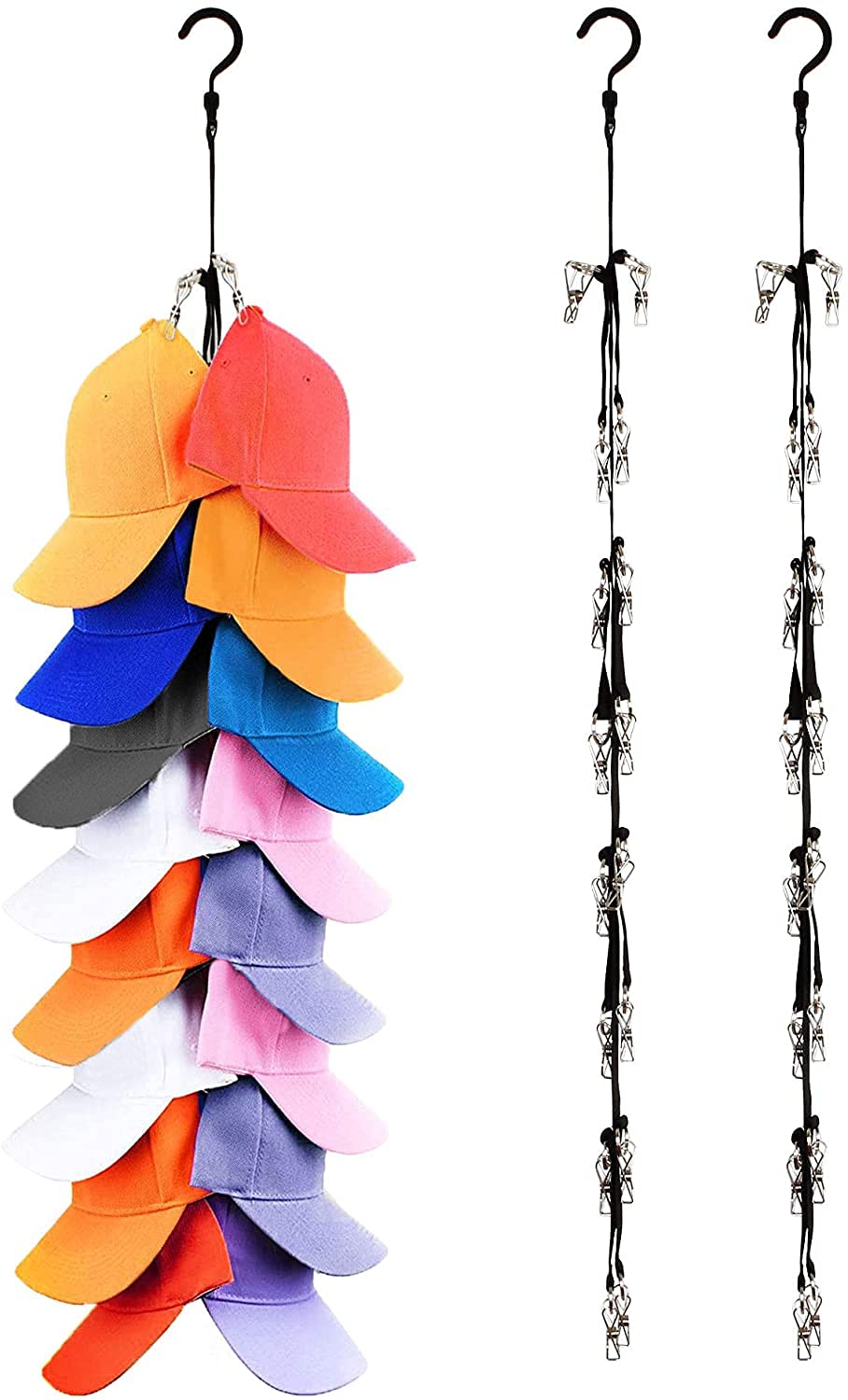3 Pack Black Closet Hanging Cap Organizer - Holds 16 Hats Each, Space-Saving Baseball Cap Rack for Door or Closet - Perfect for Organizing Caps, Hats & Accessories in Bedroom, Closet or Entryway