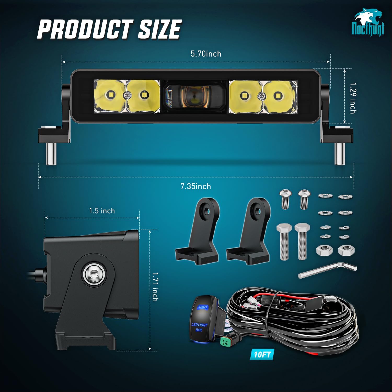 8 Inch 5LED Single Row Spot Screwless Night Vision LED Light Bar (Pair) - 18AWG Wire with 5-Pin Switch for Off-Road Trucks, ATVs, UTVs & Marine Boats