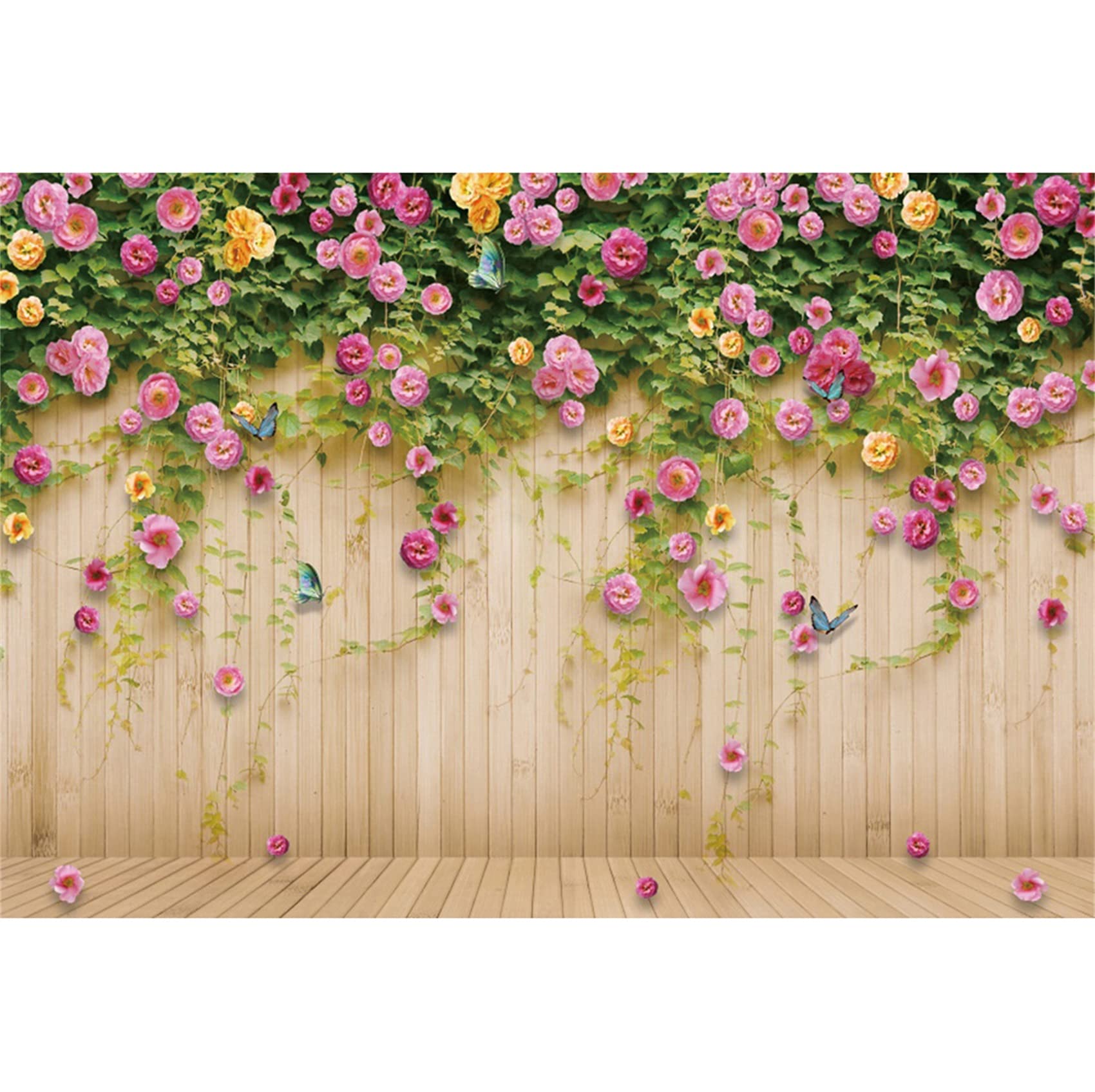 8x6FT Floral Photography Backdrop - Brown Wooden Plank with Flowers, Wedding Bridal Shower Photo Background, Party Decor, Baby Shower Props, Social Media Content Creation Backdrop