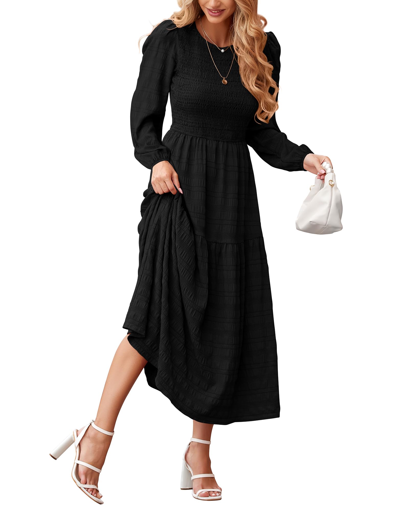 Dowerme Women's Boho Wedding Party Maxi Dress - 2025 Spring Puff Long Sleeve Crewneck Smocked Tiered Flowy A-Line Dress for Bridesmaids, Garden Weddings & Special Occasions