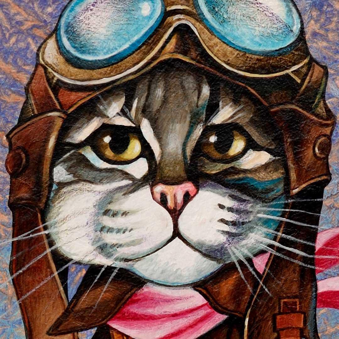 Aviator Cat Painting - 50x50cm Acrylic Artwork on Rice Paper by Artist Ishchenko - Unique Home Decor & Gift for Cat Lovers