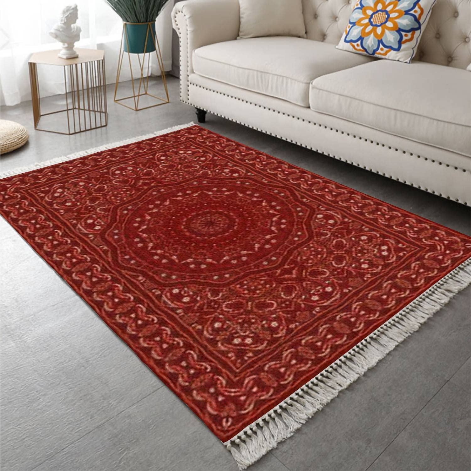 Vintage Persian Cotton Linen Area Rug with Tassels - Washable Woven Carpet Runner in Rich Ornamental Design, 4'x6' - Perfect for Entryway, Laundry Room, Bedroom & Kitchen Decor