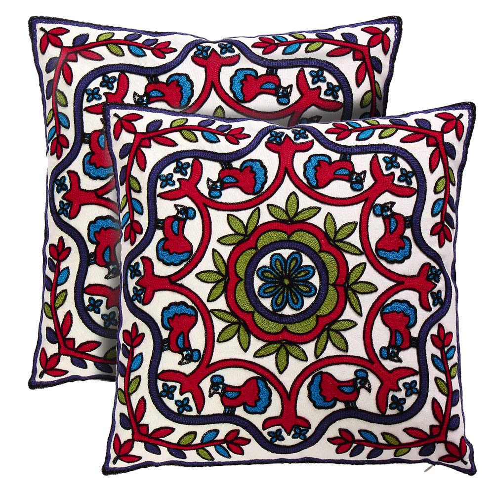 Bohemian Embroidery Throw Pillow Covers 18x18 Inch Set of 2 - Decorative Couch Pillow Covers with Hidden Zipper for Sofa, Bedroom & Living Room - Perfect for Home Decor, Cozy Reading Nook and Boho Chic Interior Design