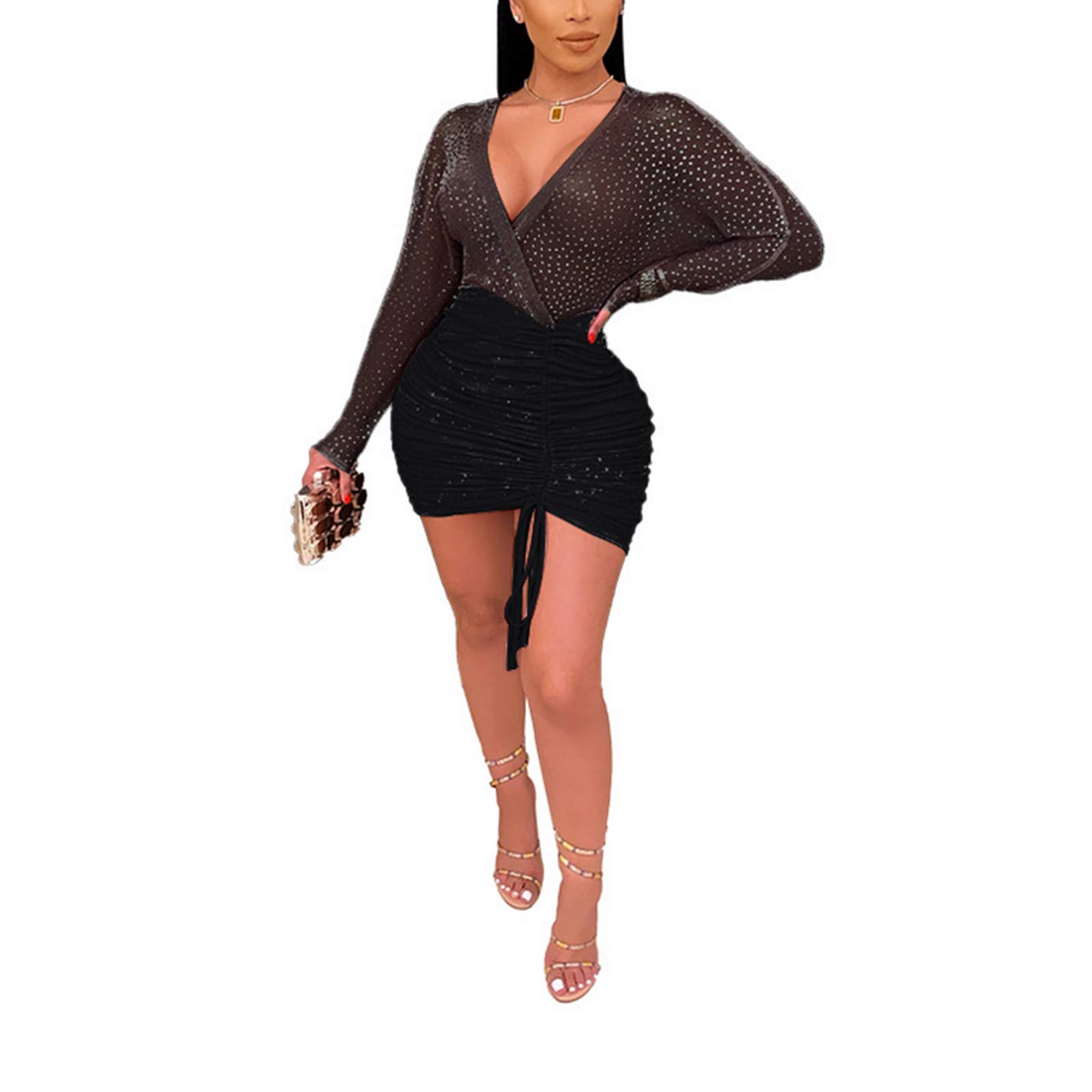 Faithtur Women's Sexy Sheer Bodycon Dress - Long Sleeve See-Through Ruched Mini Dress with Drawstring, Shiny Clubwear for Night Out & Party