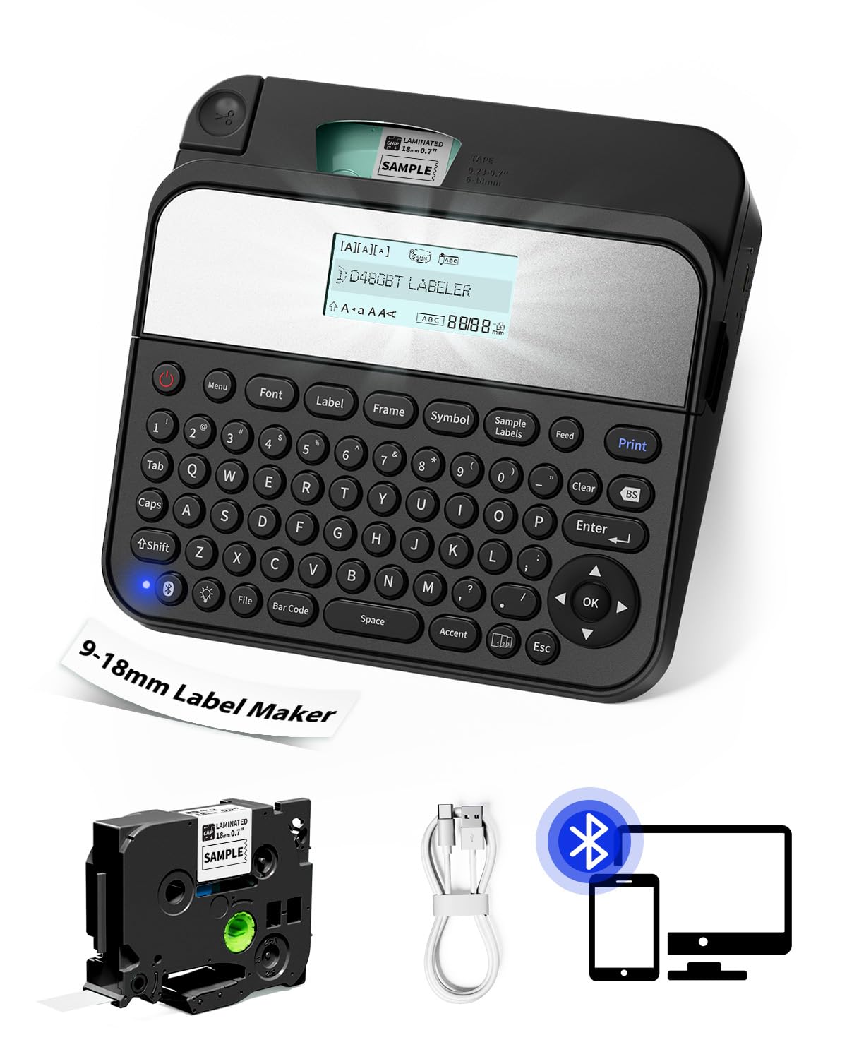 Bluetooth Label Maker D480BT - Rechargeable Label Printer with QWERTY Keyboard & Backlit LCD | Compatible with PC & Smartphone | 3/4 Inch Label Tape | Perfect for Home, Office, Warehouse & Craft Organization