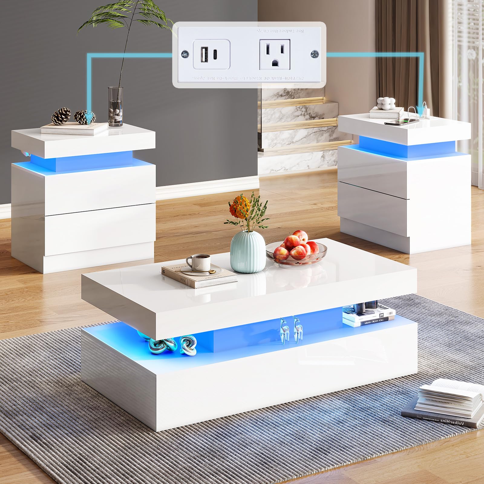 AMERLIFE 3-Piece Modern LED Coffee Table Set with Charging Station - High Gloss White 2-Tier Center Table & 2 End Side Tables, Nightstand for Living Room & Bedroom - Perfect for Home Decor, Entertainment & Charging Devices