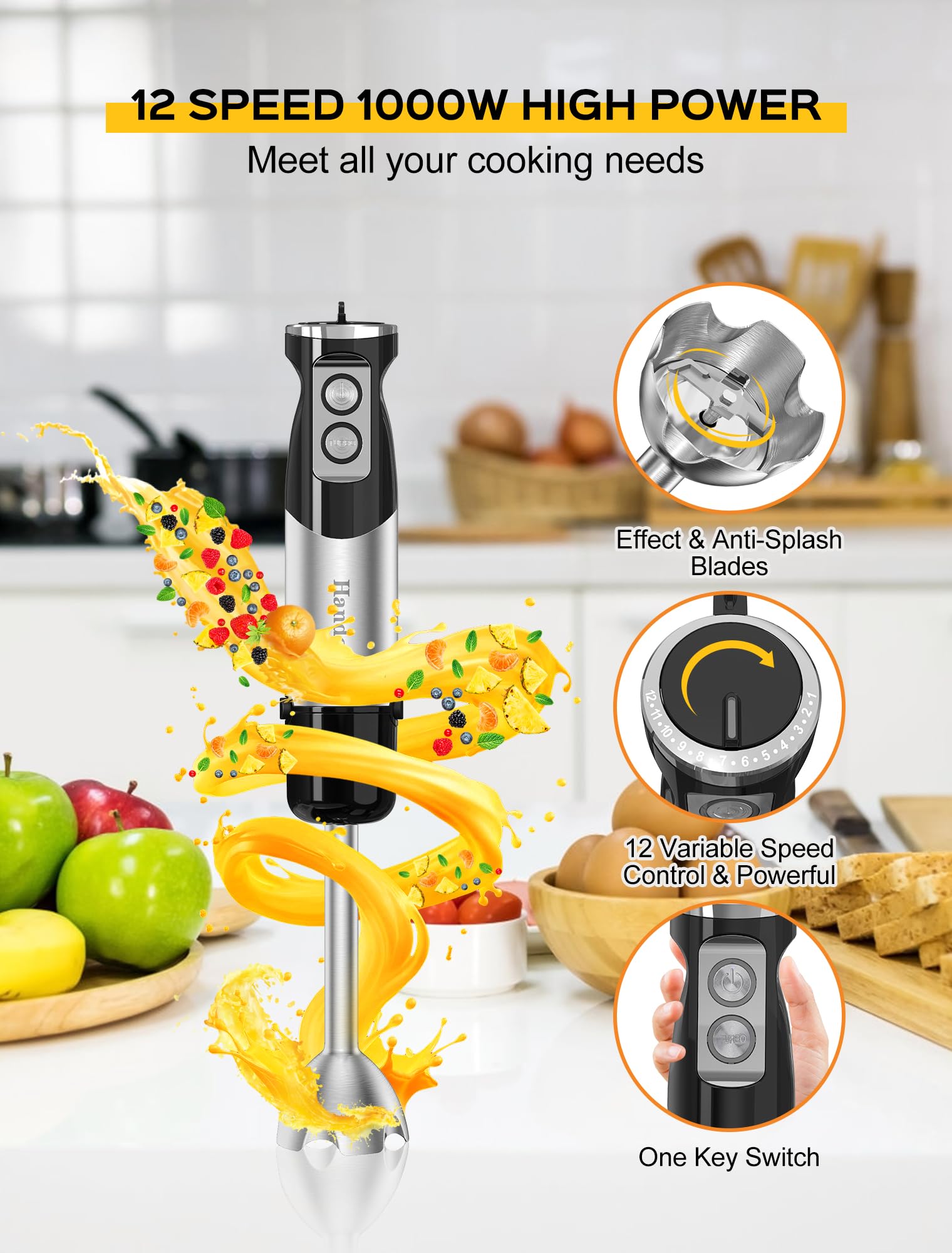 Handor 6-in-1 Immersion Blender Set - 1000W Powerful Handheld Blender with 12 Speed Settings, 600ml Mixing Cup, 500ml Food Chopper, Egg Whisk & Milk Frother - Stainless Steel Blades for Soup, Smoothie, Baby Food - Perfect for Kitchen, Cooking & Meal Prep