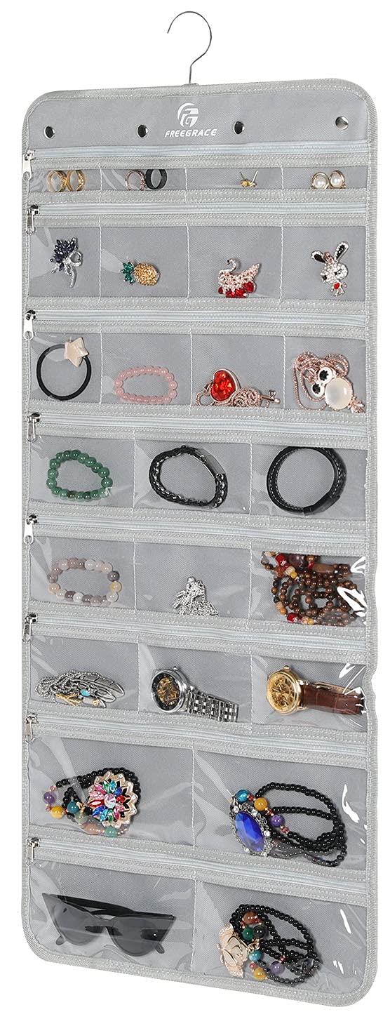Rotating Jewelry Organizer with 50 Zippered Pockets - Foldable Hanging Storage for Necklaces, Earrings & Bracelets - Space-Saving Display Solution for Bedroom, Closet & Travel (Gray)
