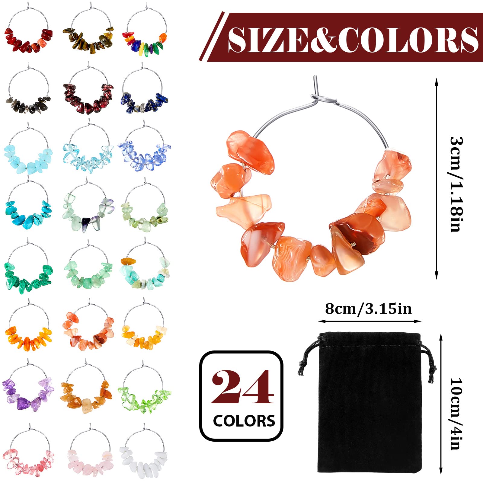 Leinuosen 24 Pcs Gemstone Wine Glass Charms - Elegant Drink Markers for Parties, Weddings, Birthdays & Holidays | Perfect for Wine Tasting, Christmas, Valentine's Day & Stemware Decorations